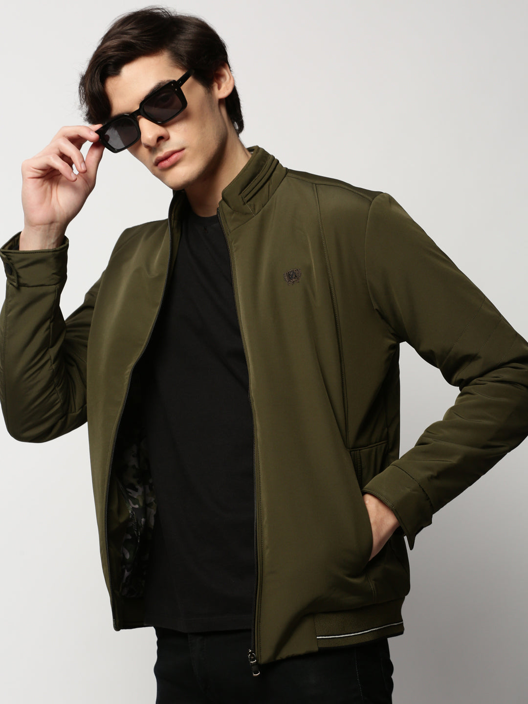 Men Green Solid Casual Bomber Jackets