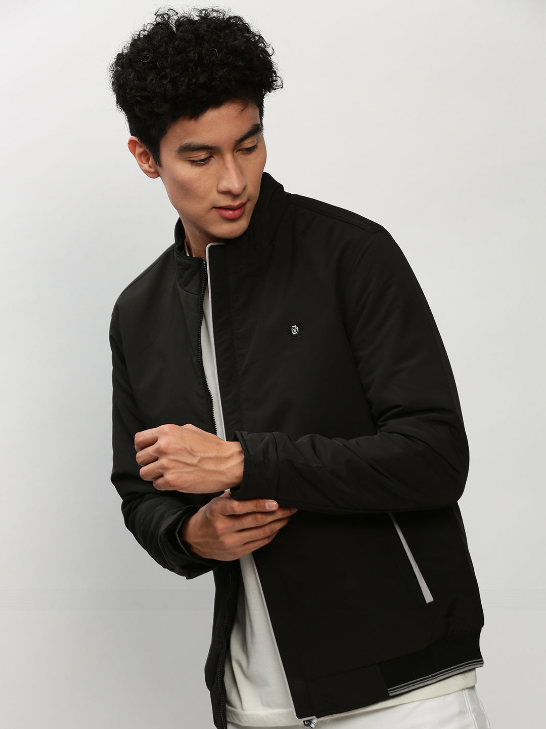 Men Black Solid Casual Bomber Jackets