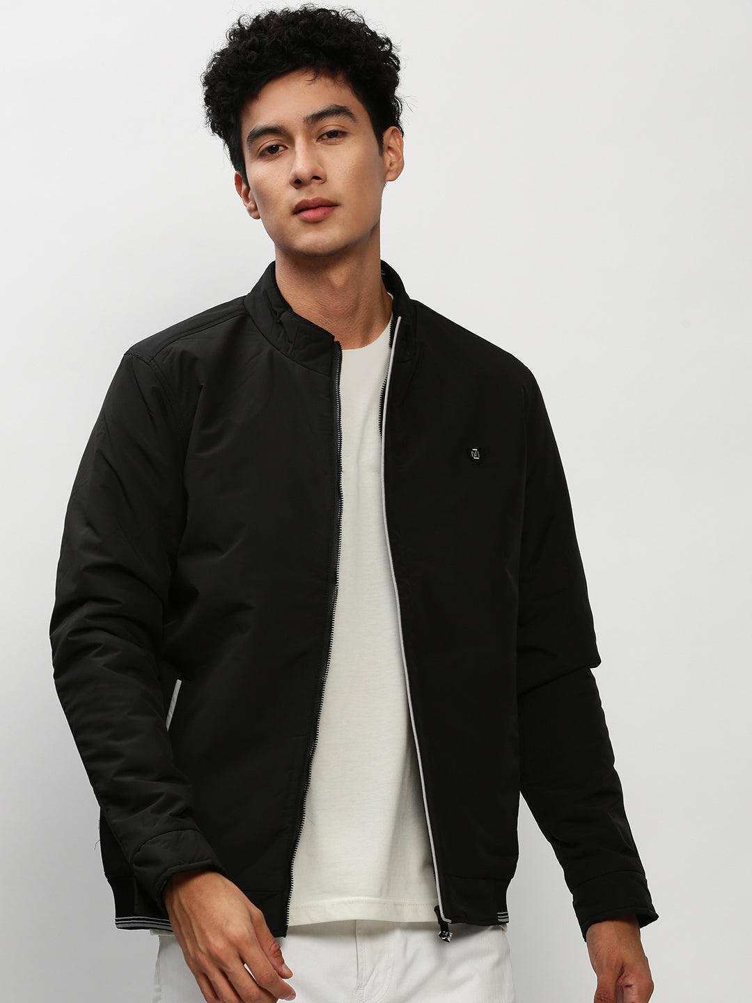 Men Black Solid Casual Bomber Jackets