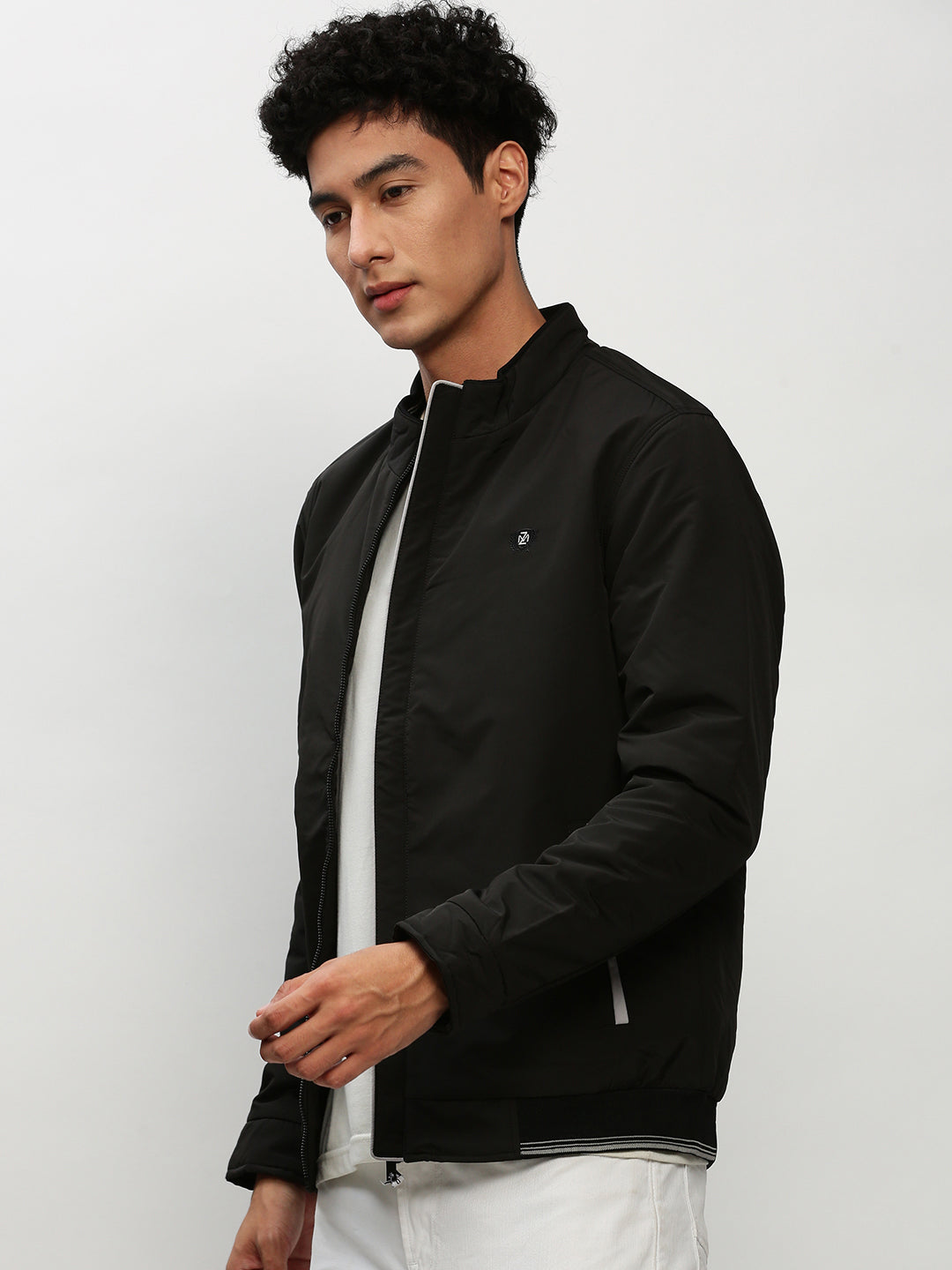 Men Black Solid Casual Bomber Jackets