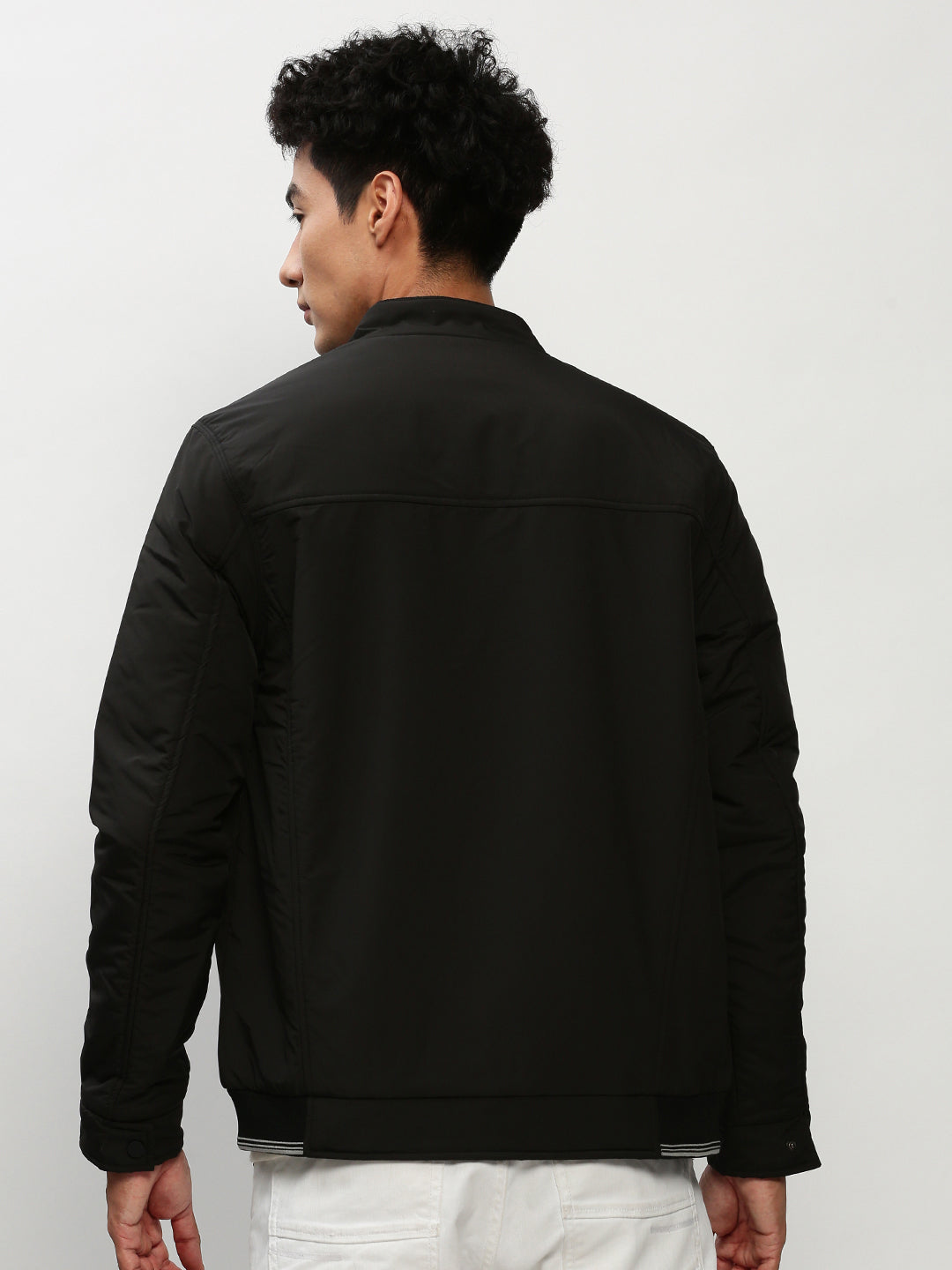 Men Black Solid Casual Bomber Jackets