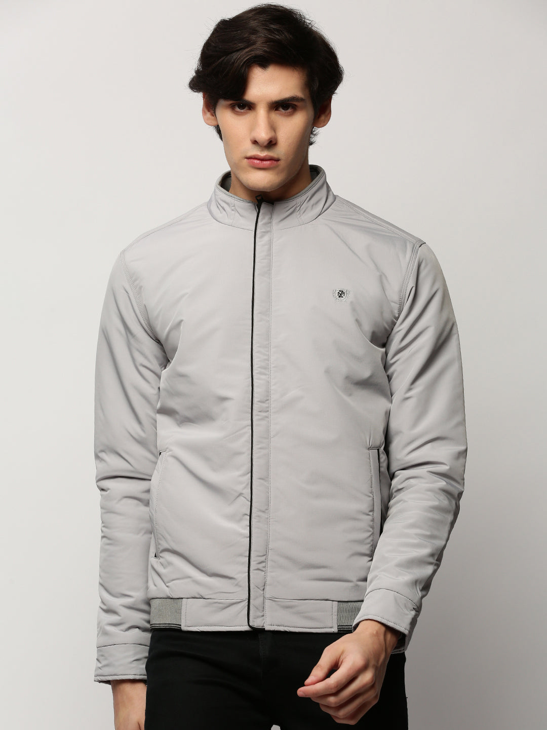 Men Grey Solid Casual Bomber Jackets