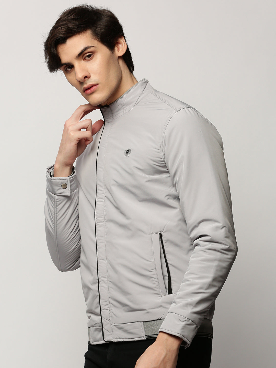 Men Grey Solid Casual Bomber Jackets