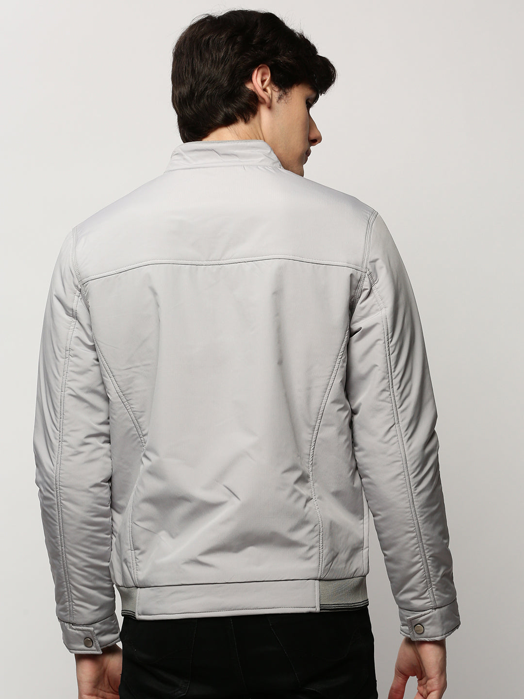 Men Grey Solid Casual Bomber Jackets