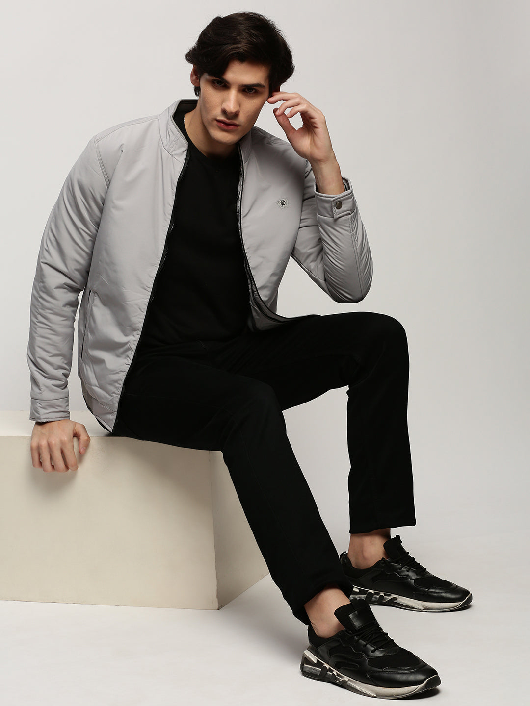 Men Grey Solid Casual Bomber Jackets