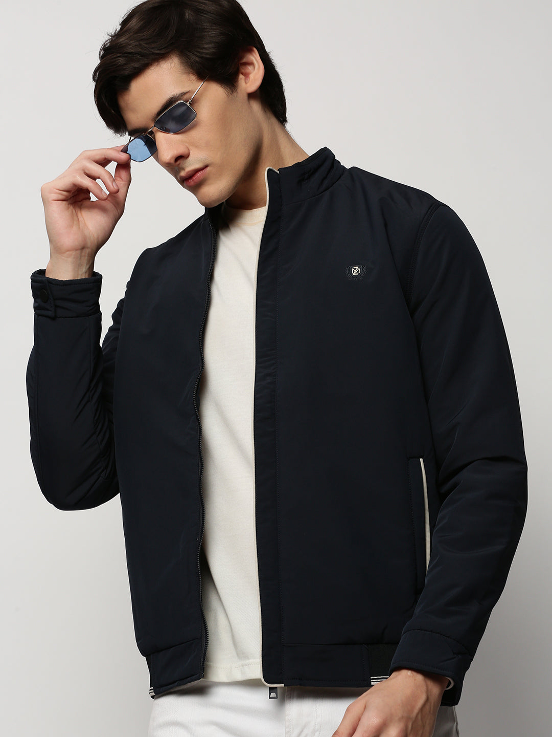 Men Navy Solid Casual Bomber Jackets