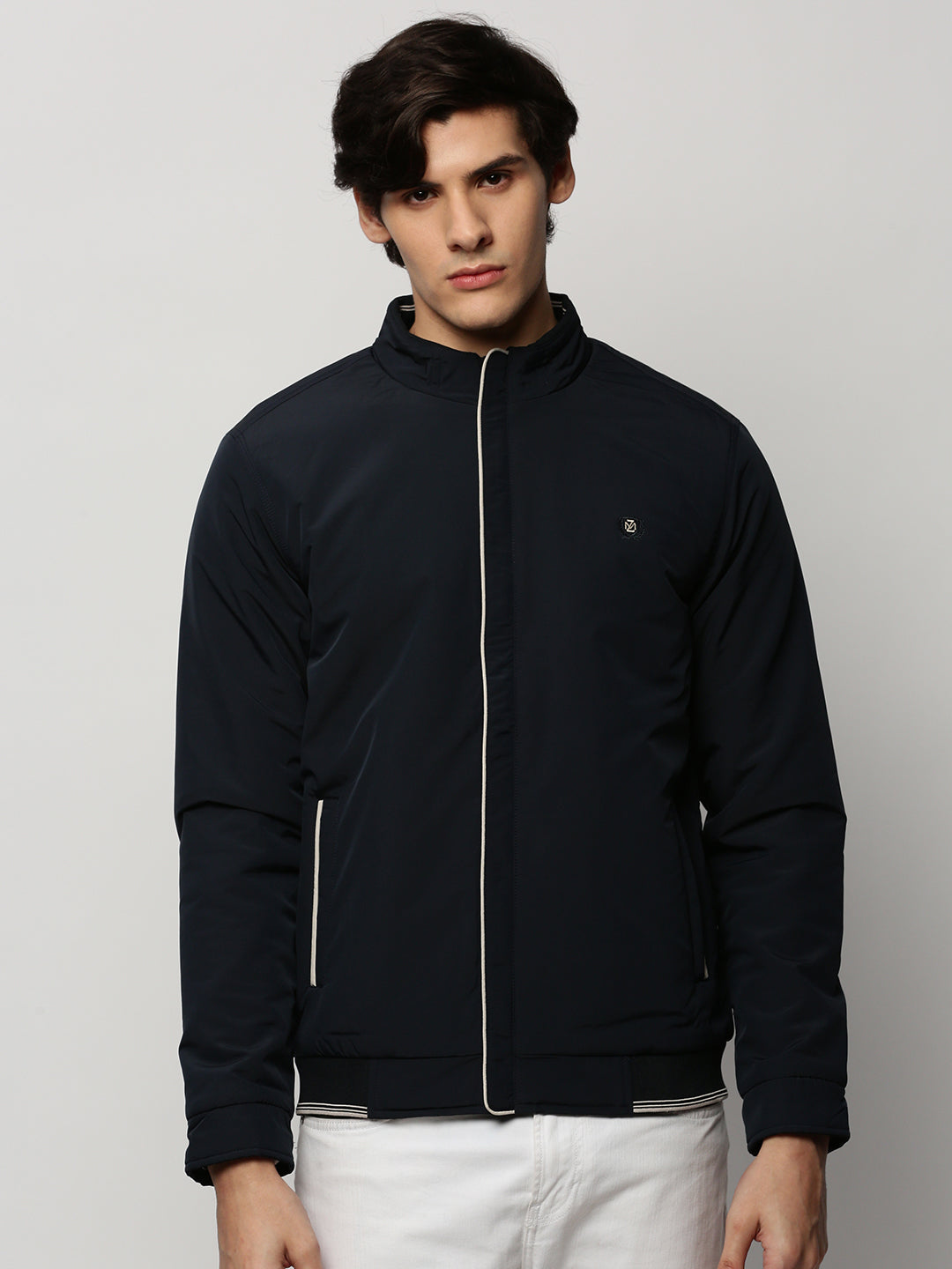 Men Navy Solid Casual Bomber Jackets