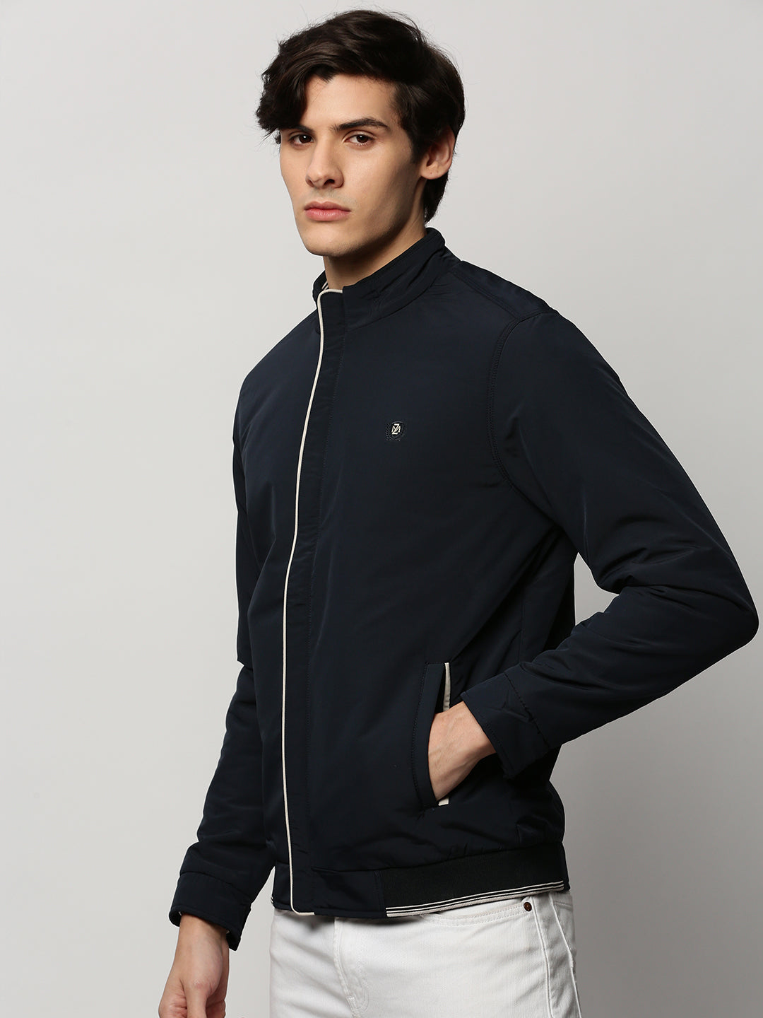 Men Navy Solid Casual Bomber Jackets