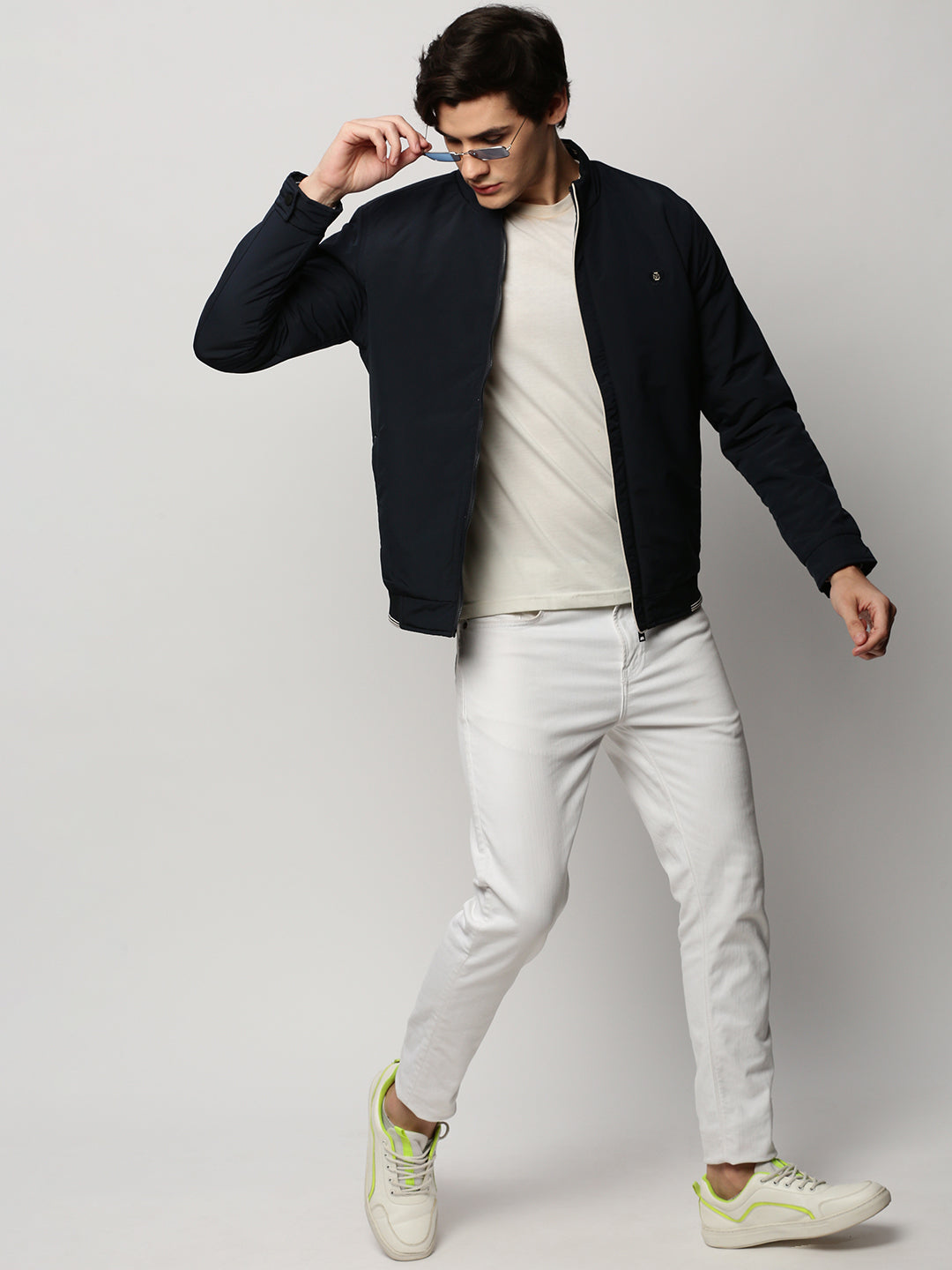 Men Navy Solid Casual Bomber Jackets