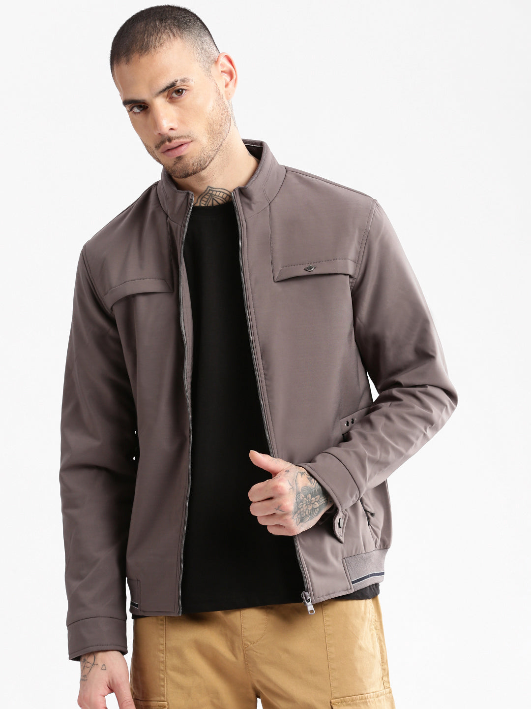 Men Mock Collar Grey Solid Bomber Jacket