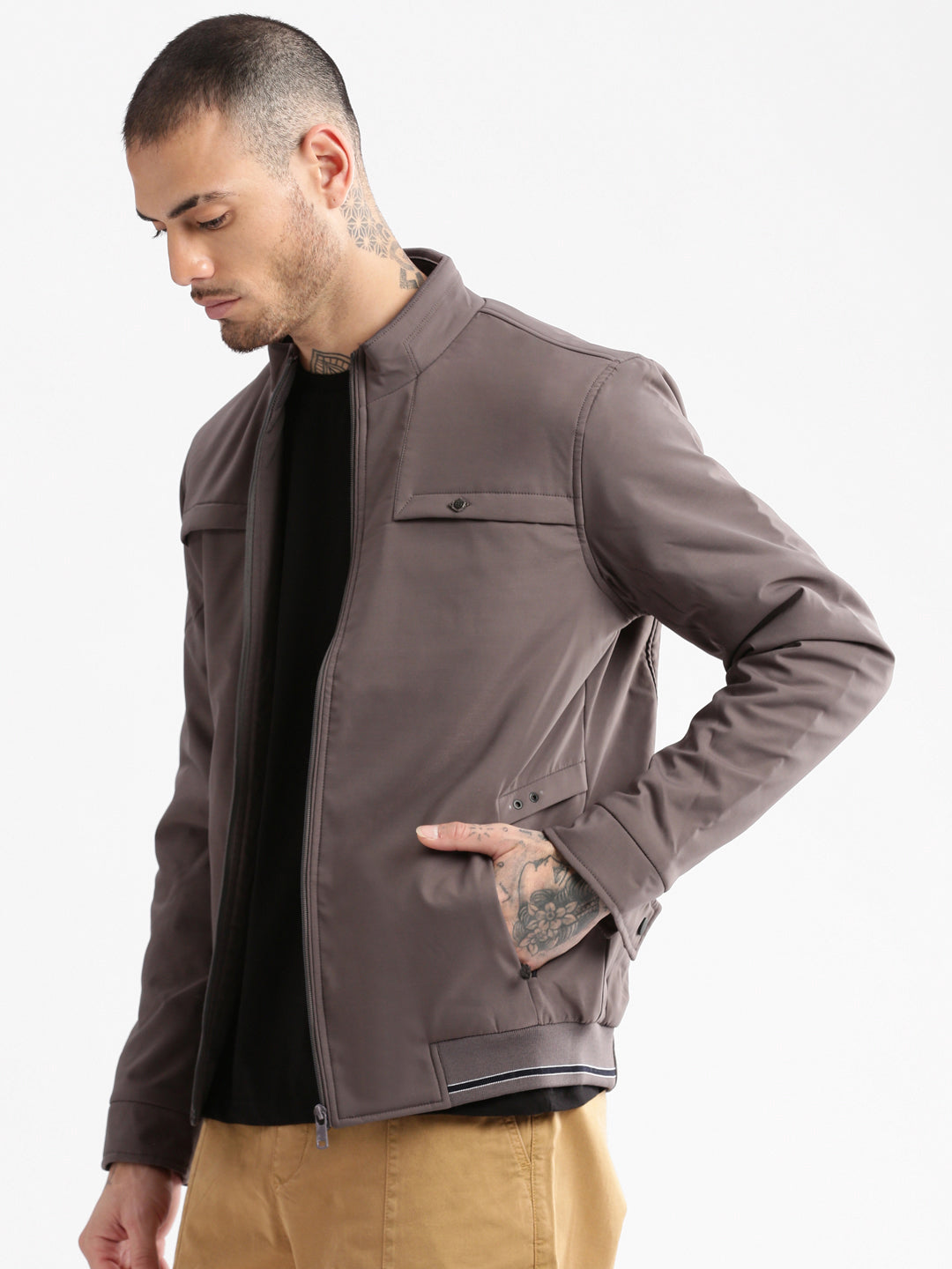 Men Mock Collar Grey Solid Bomber Jacket