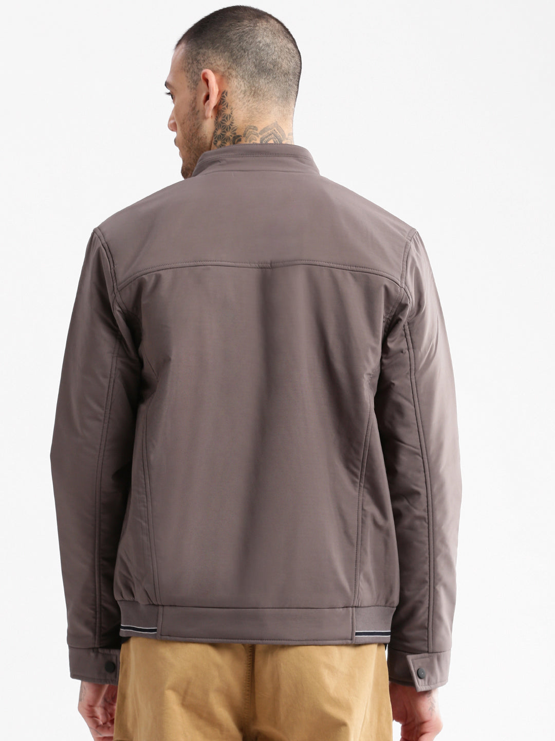 Men Mock Collar Grey Solid Bomber Jacket