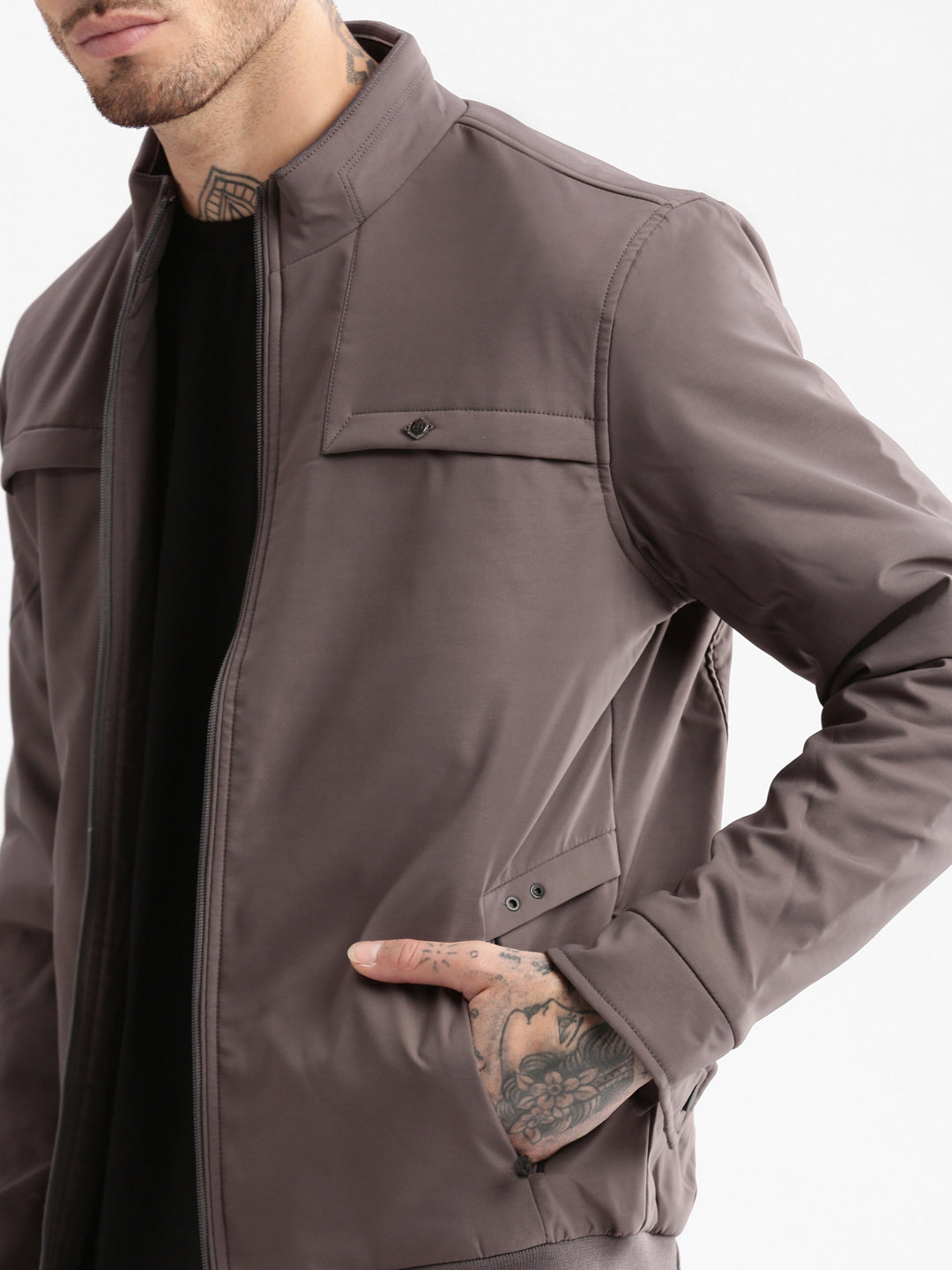 Men Mock Collar Grey Solid Bomber Jacket