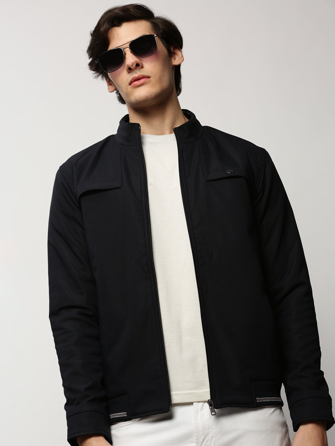 Men Navy Solid Casual Bomber Jackets