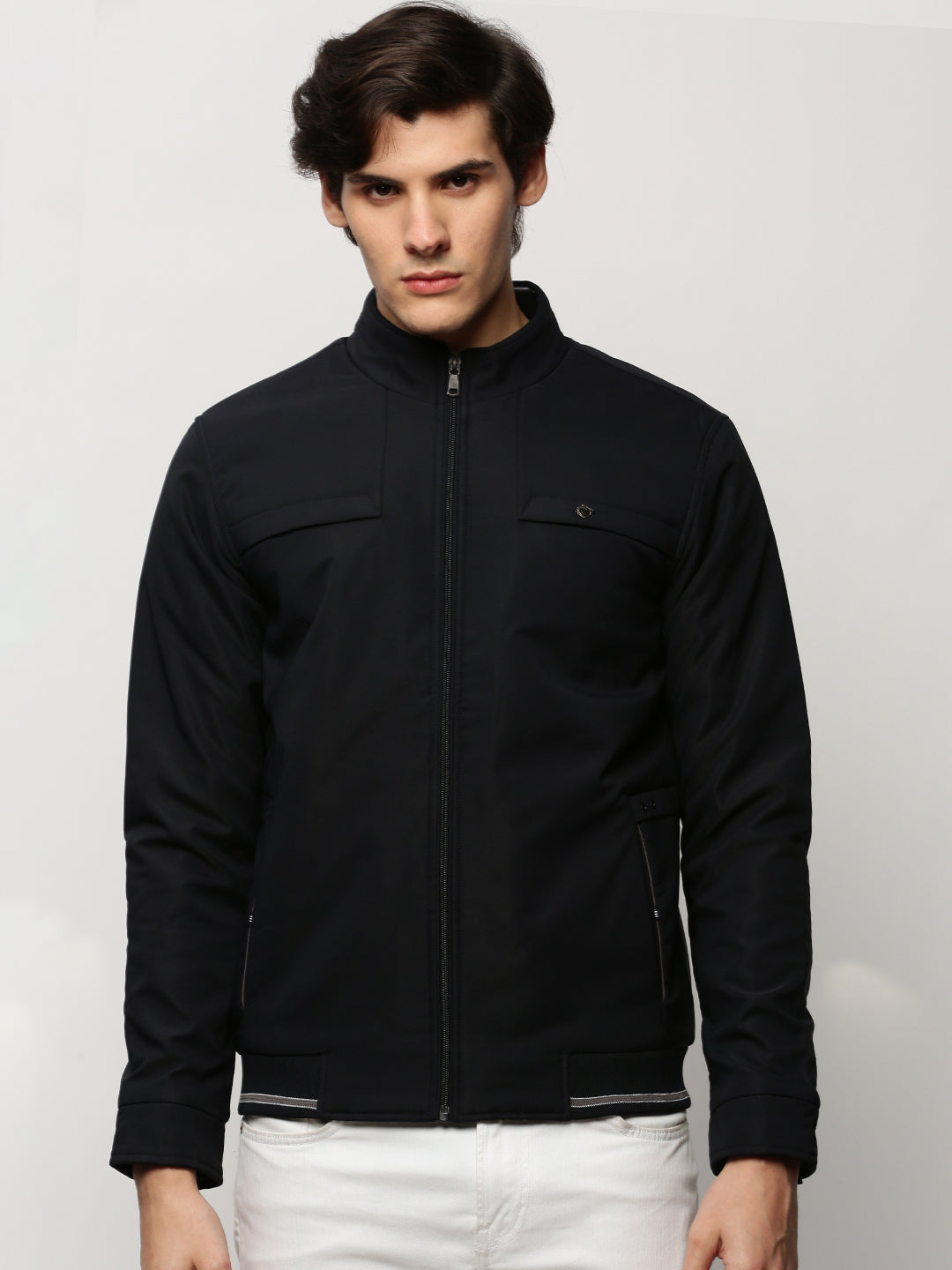 Men Navy Solid Casual Bomber Jackets