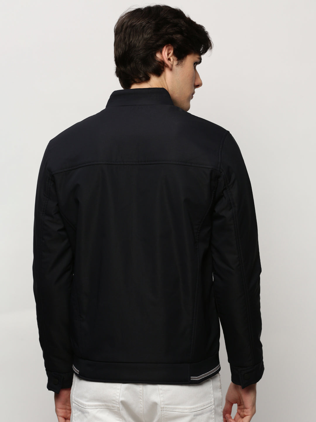 Men Navy Solid Casual Bomber Jackets