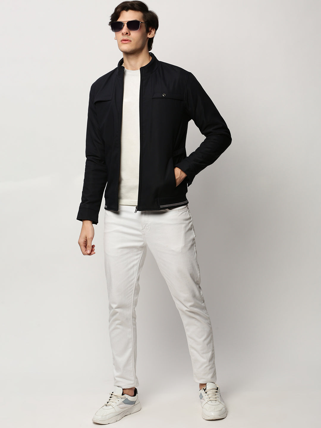 Men Navy Solid Casual Bomber Jackets