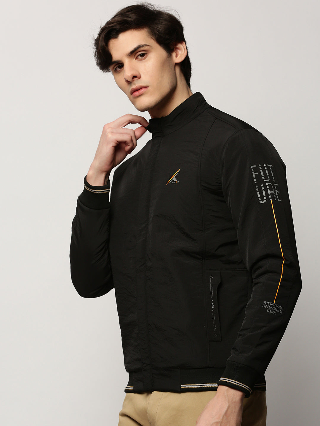 Men Black Solid Casual Bomber Jackets