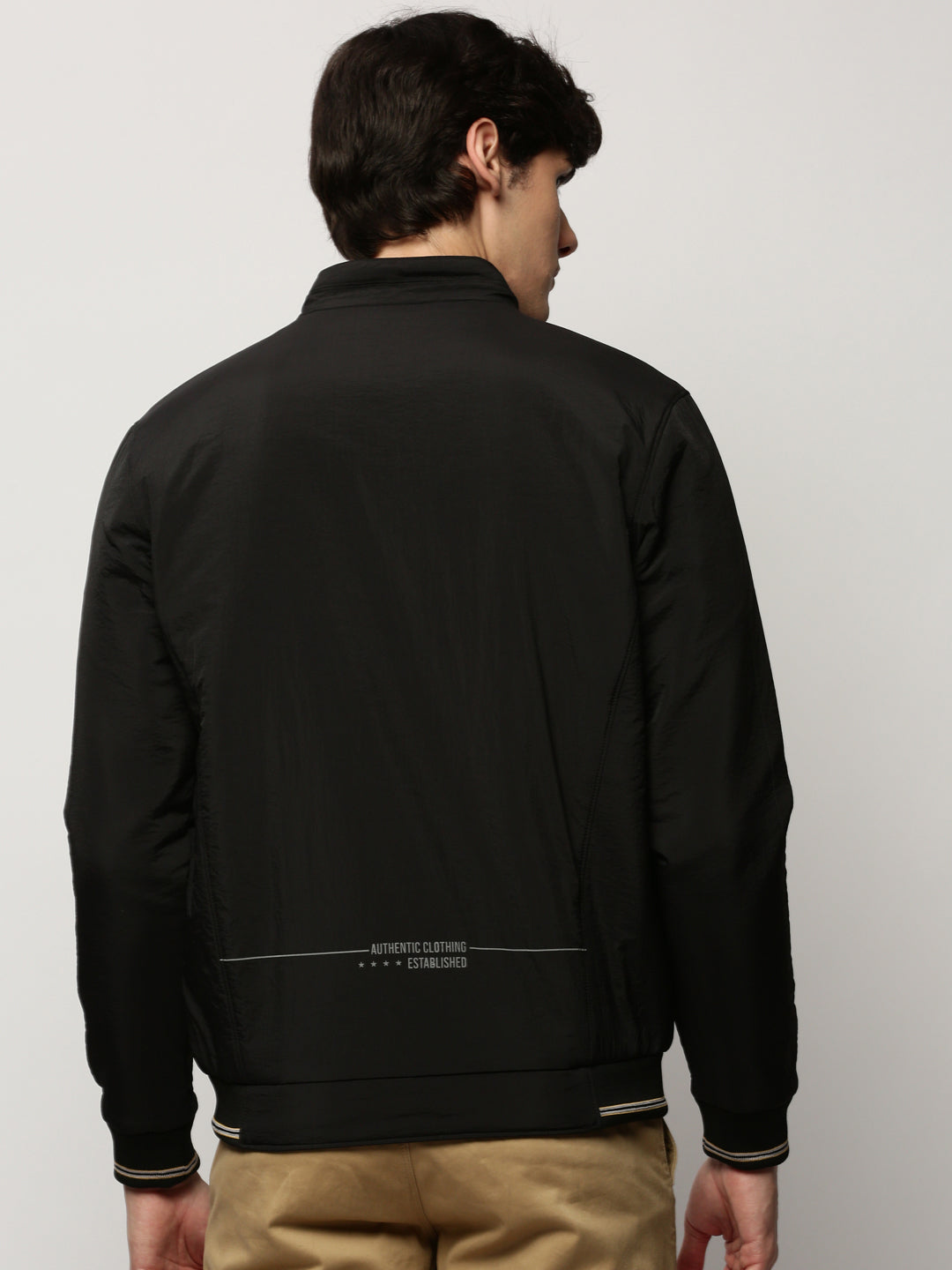 Men Black Solid Casual Bomber Jackets