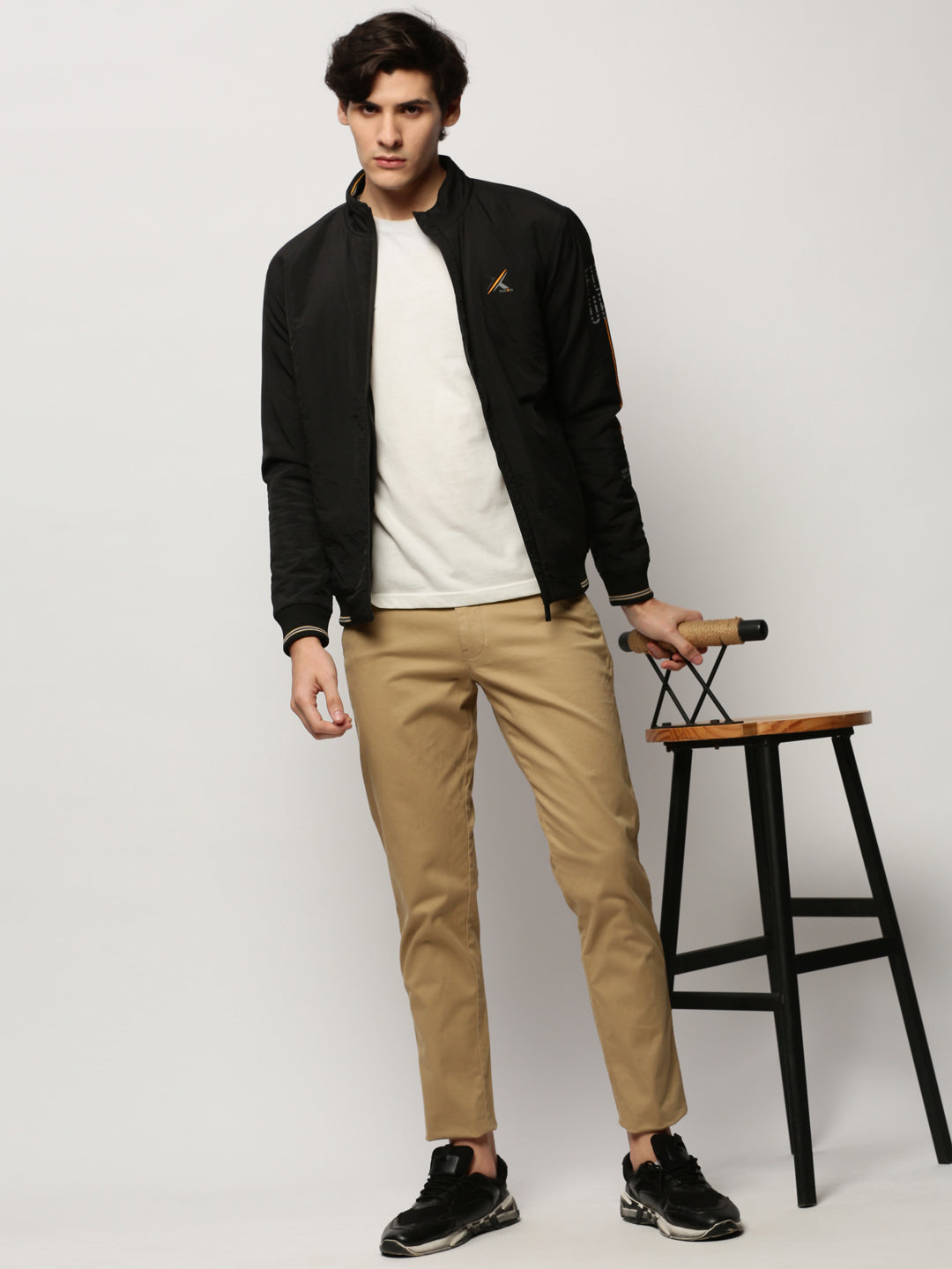 Men Black Solid Casual Bomber Jackets