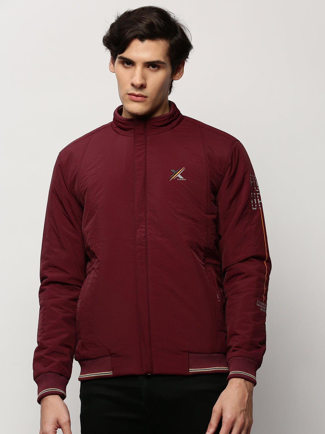 Men Maroon Solid Casual Bomber Jackets