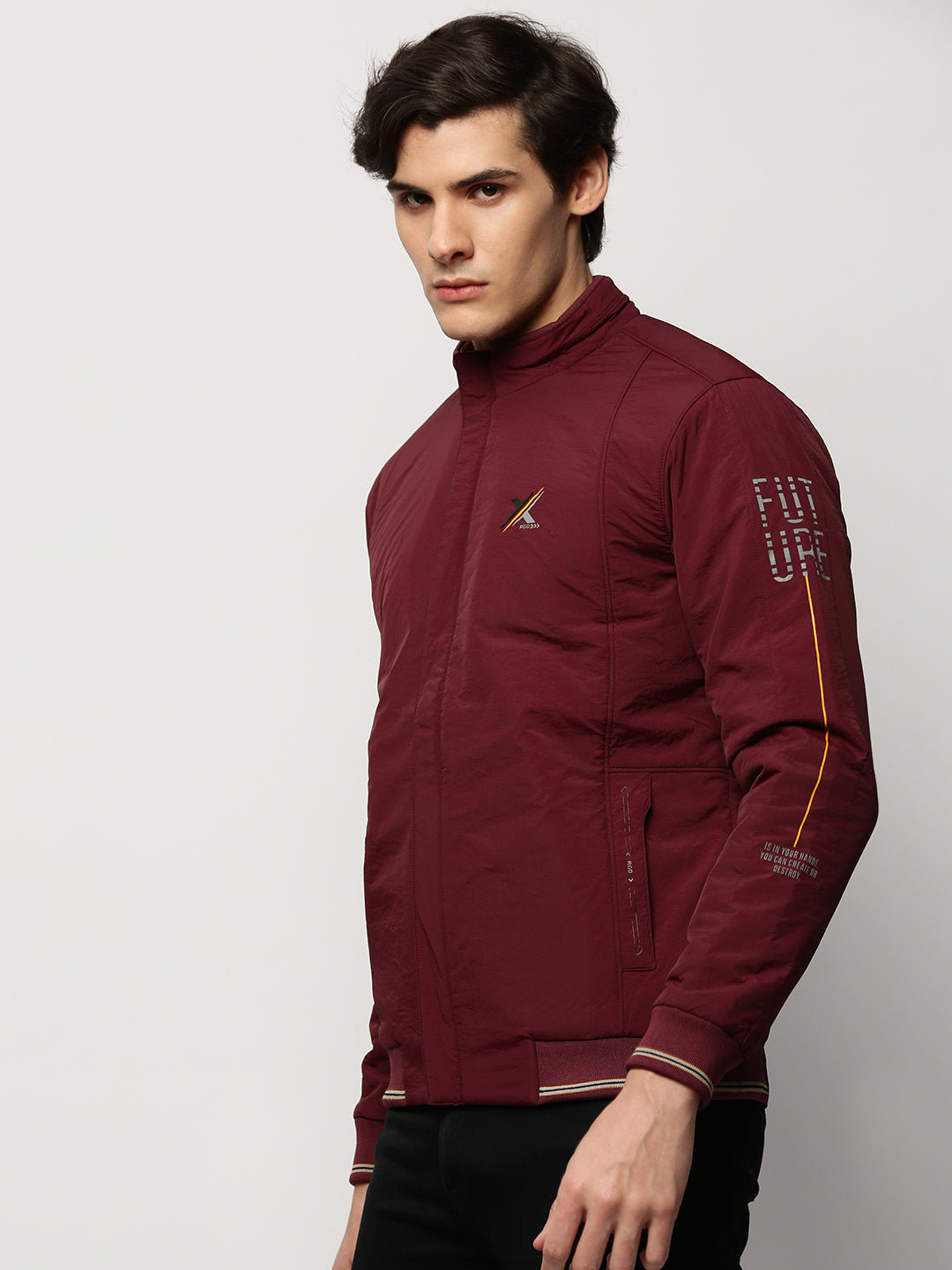 Men Maroon Solid Casual Bomber Jackets