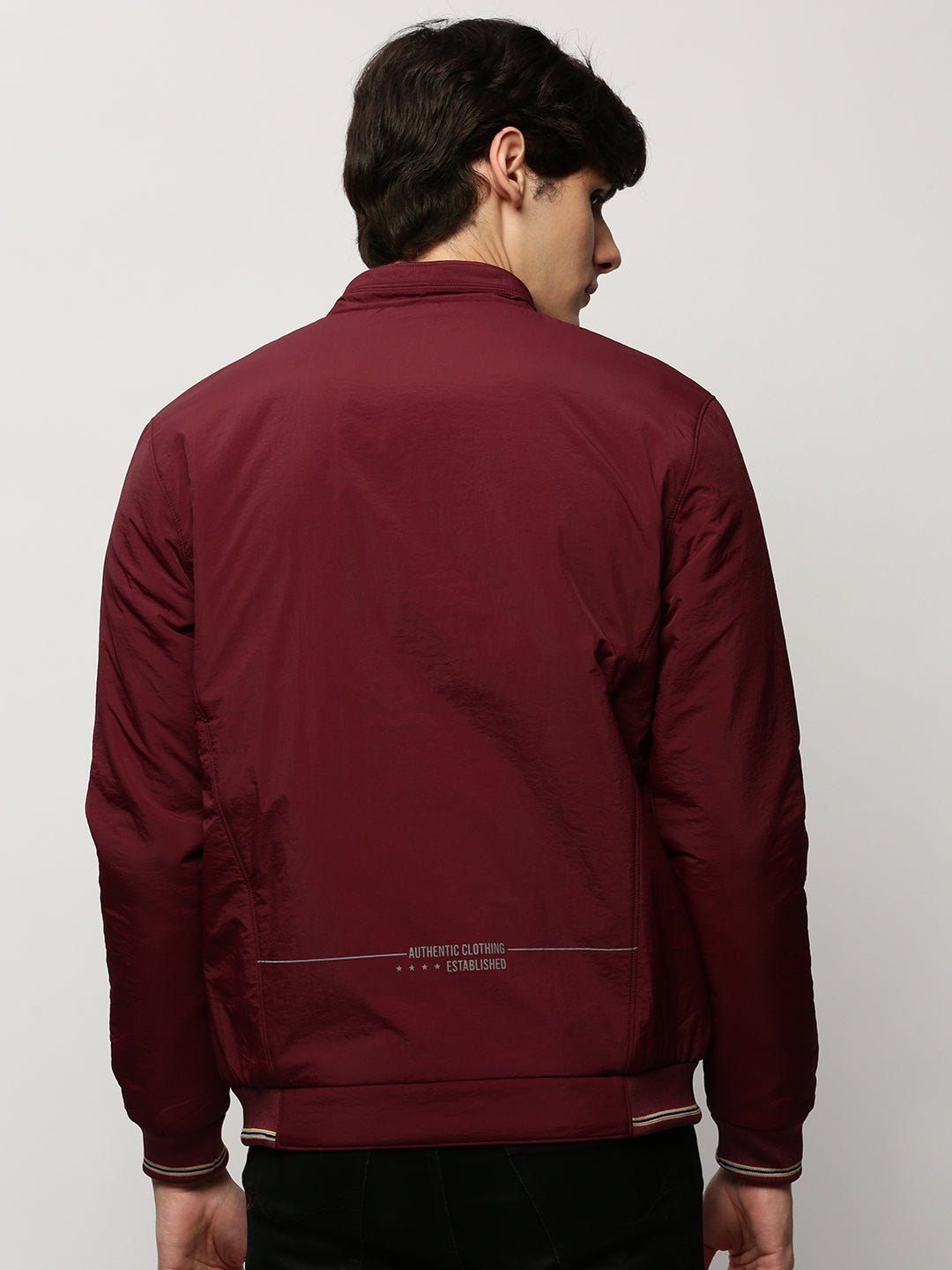 Men Maroon Solid Casual Bomber Jackets