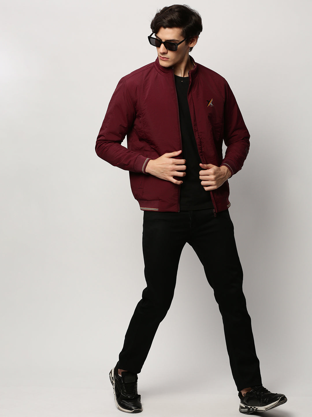 Men Maroon Solid Casual Bomber Jackets