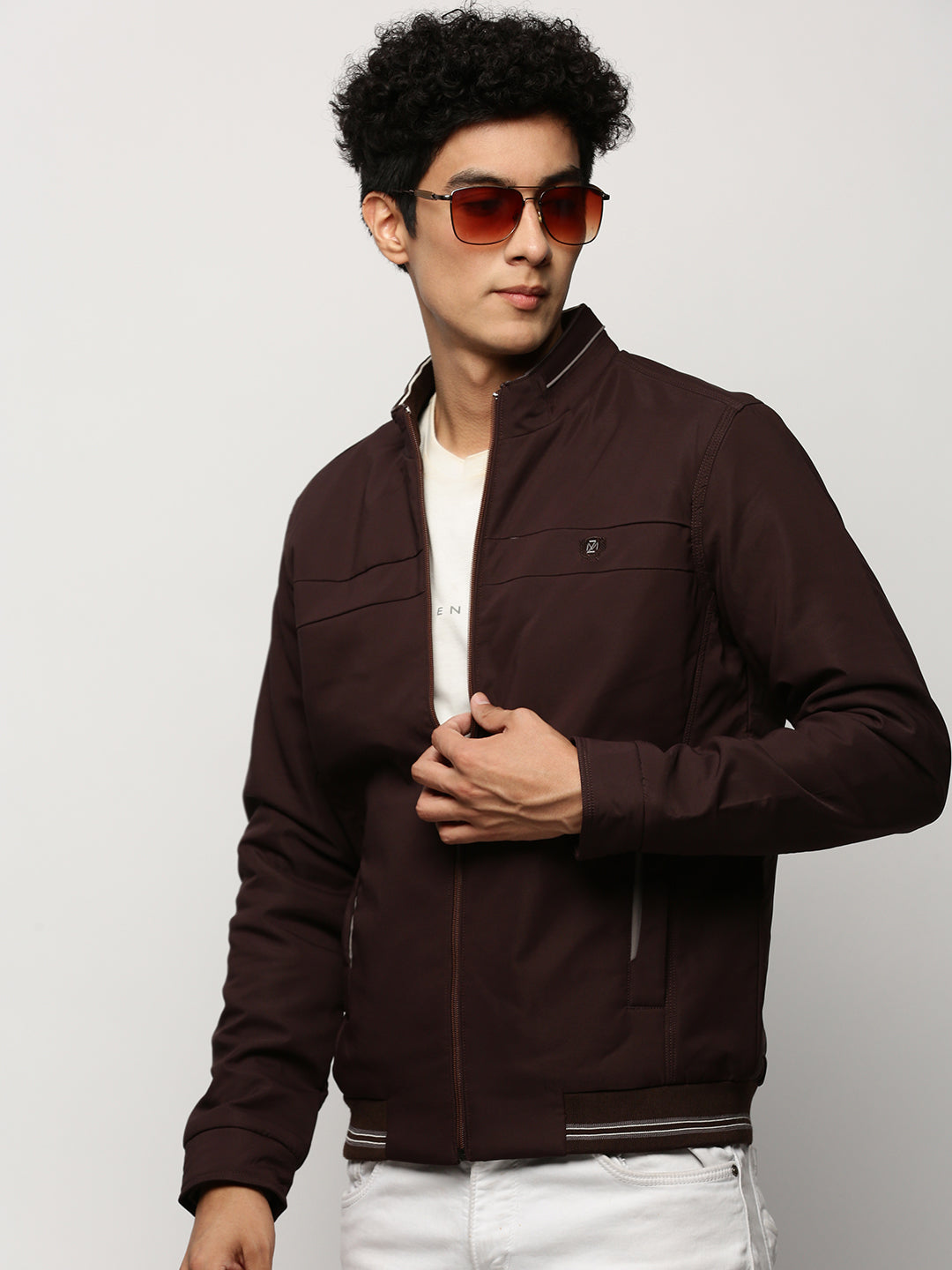 Men Brown Solid Bomber Jacket