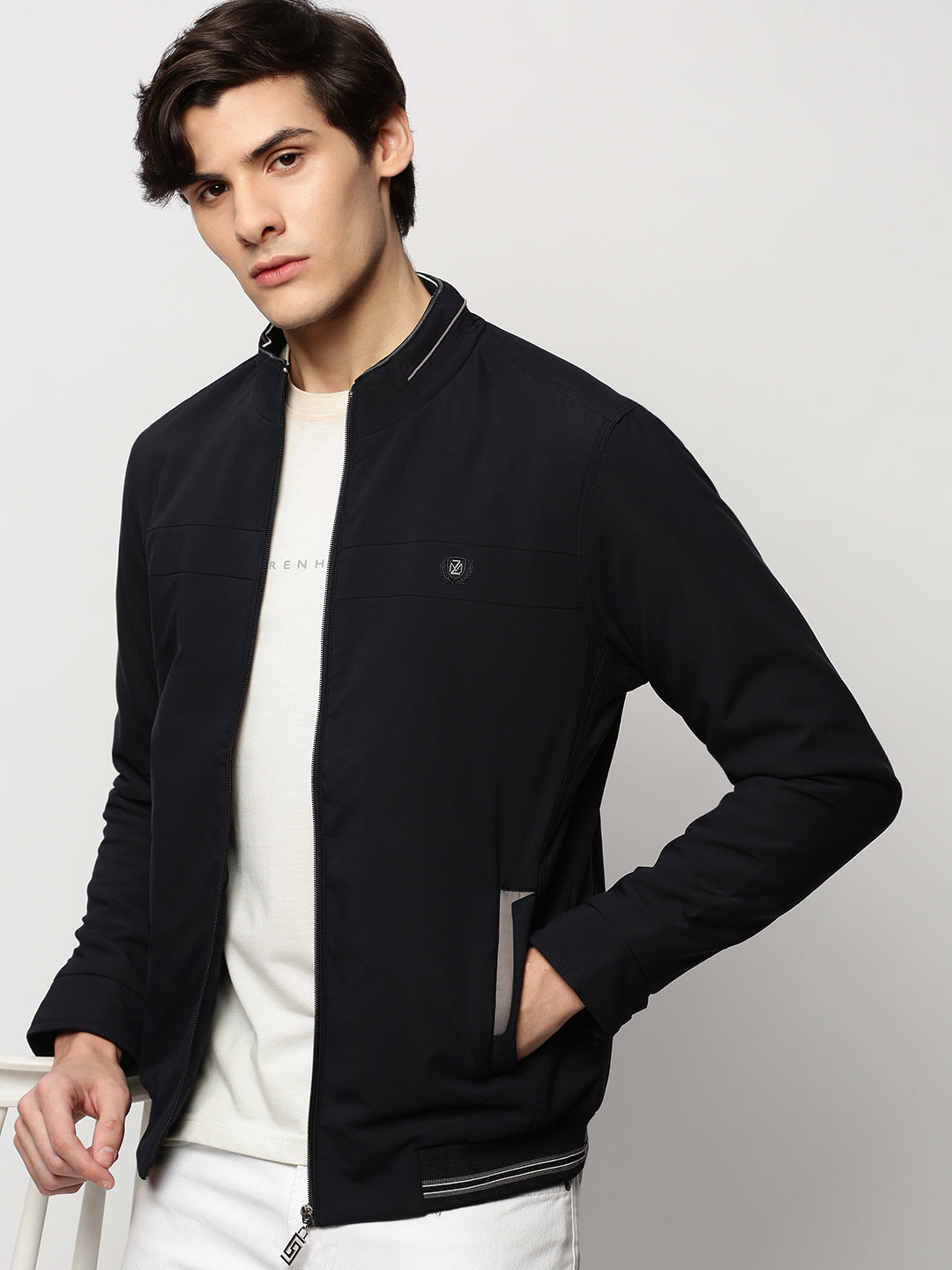 Men Navy Solid Casual Bomber Jackets