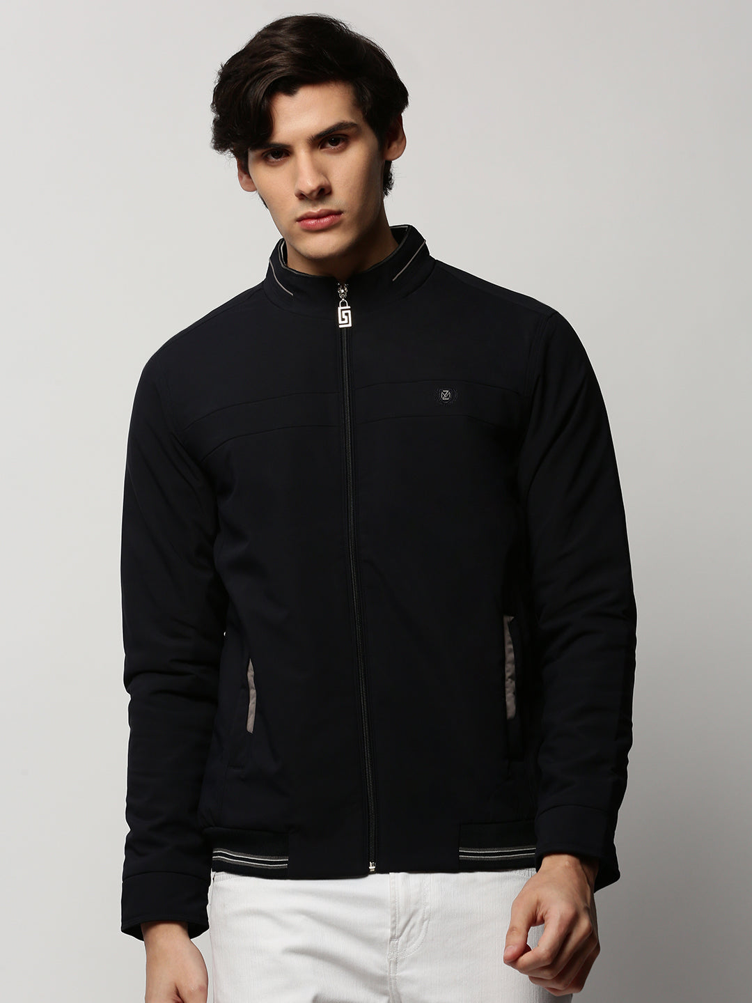 Men Navy Solid Casual Bomber Jackets