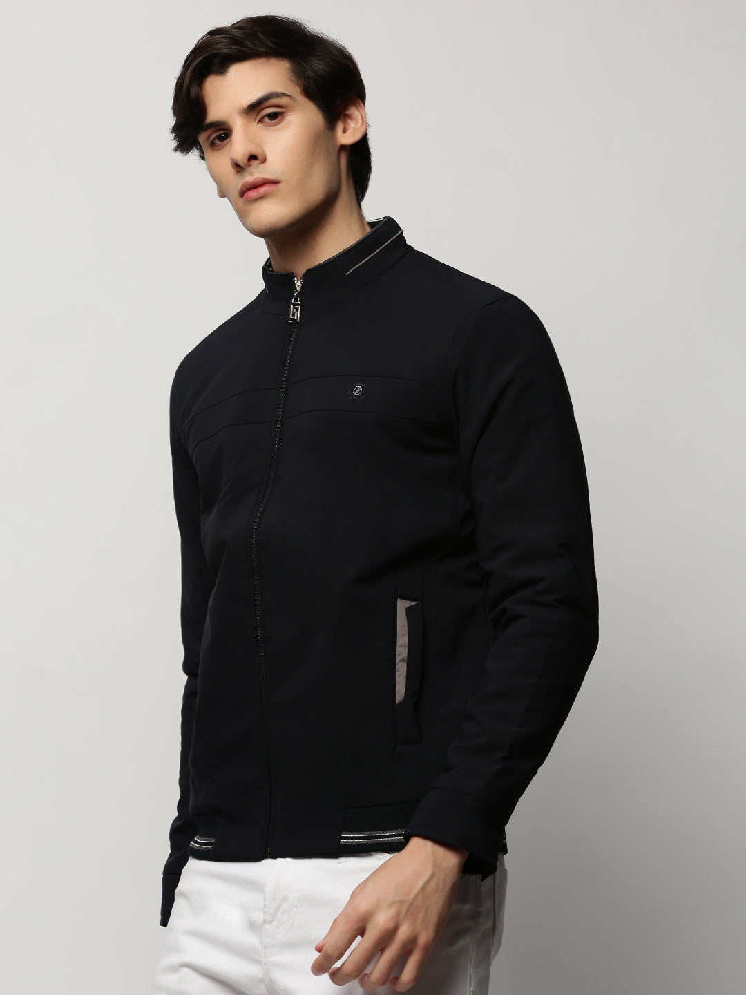 Men Navy Solid Casual Bomber Jackets