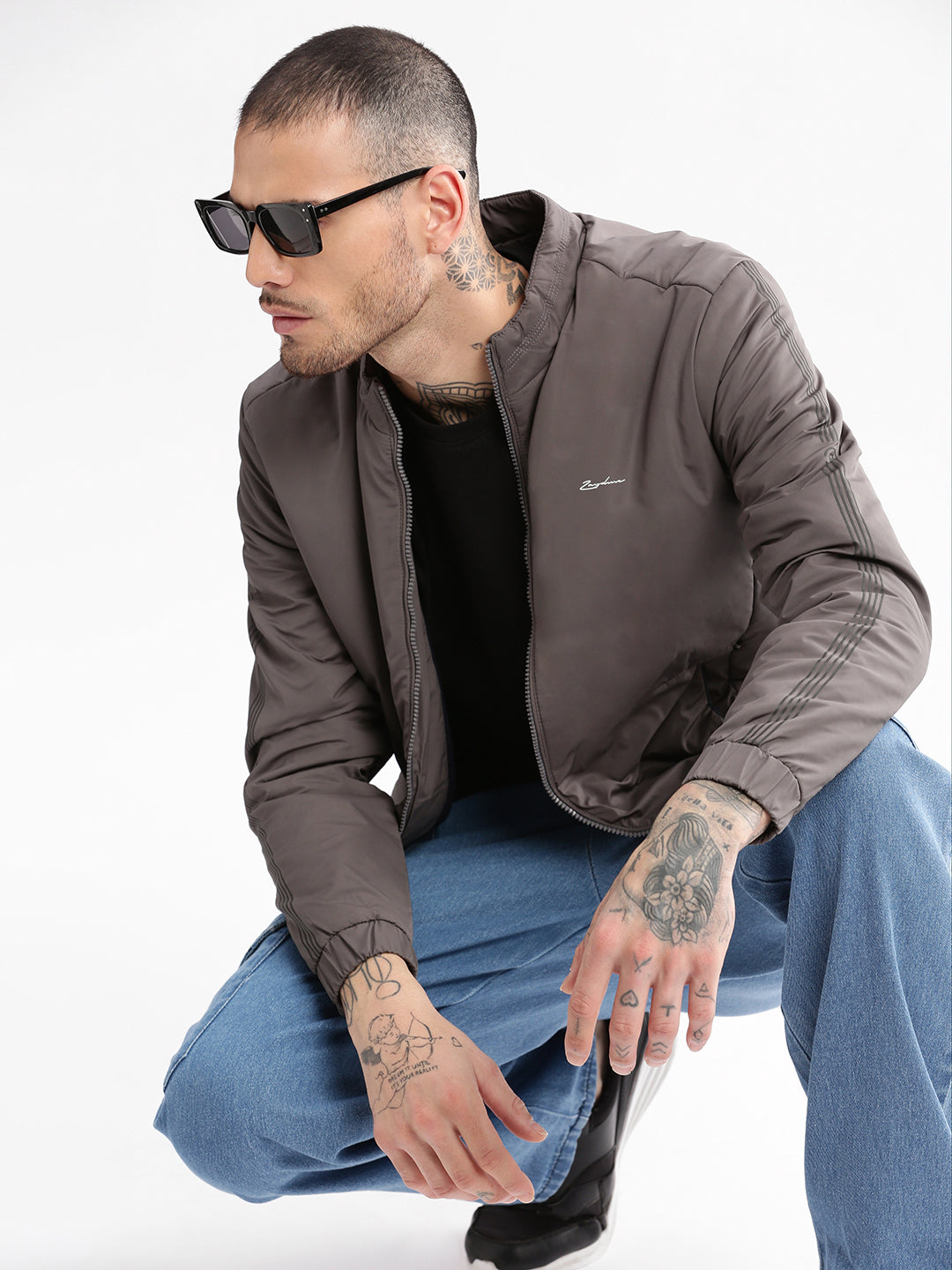 Men Mock Collar Grey Solid Bomber Jacket