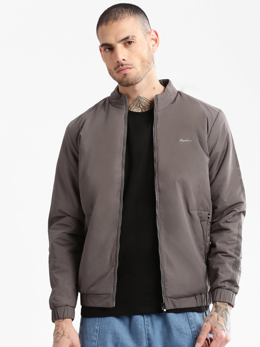 Men Mock Collar Grey Solid Bomber Jacket