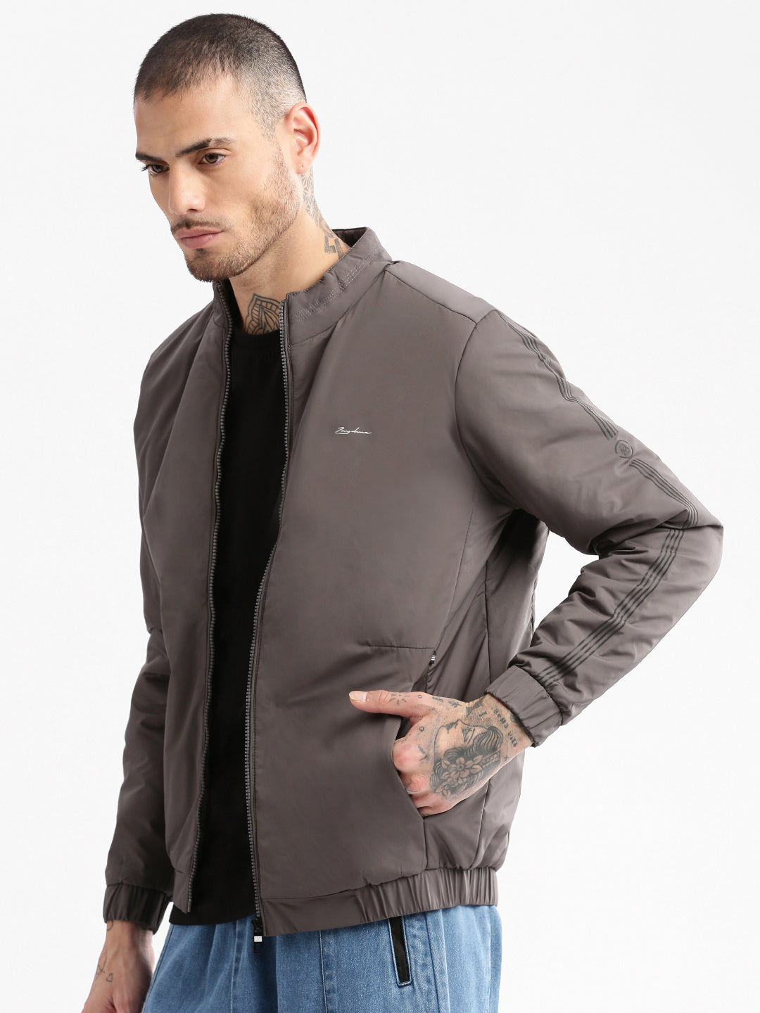 Men Mock Collar Grey Solid Bomber Jacket