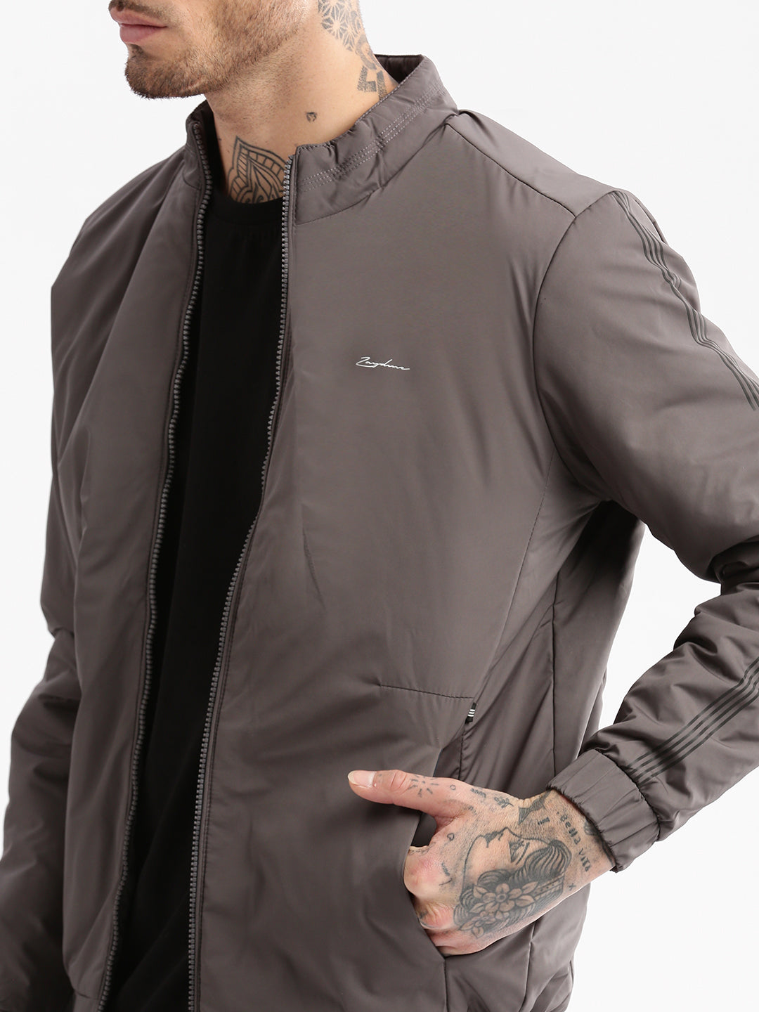 Men Mock Collar Grey Solid Bomber Jacket