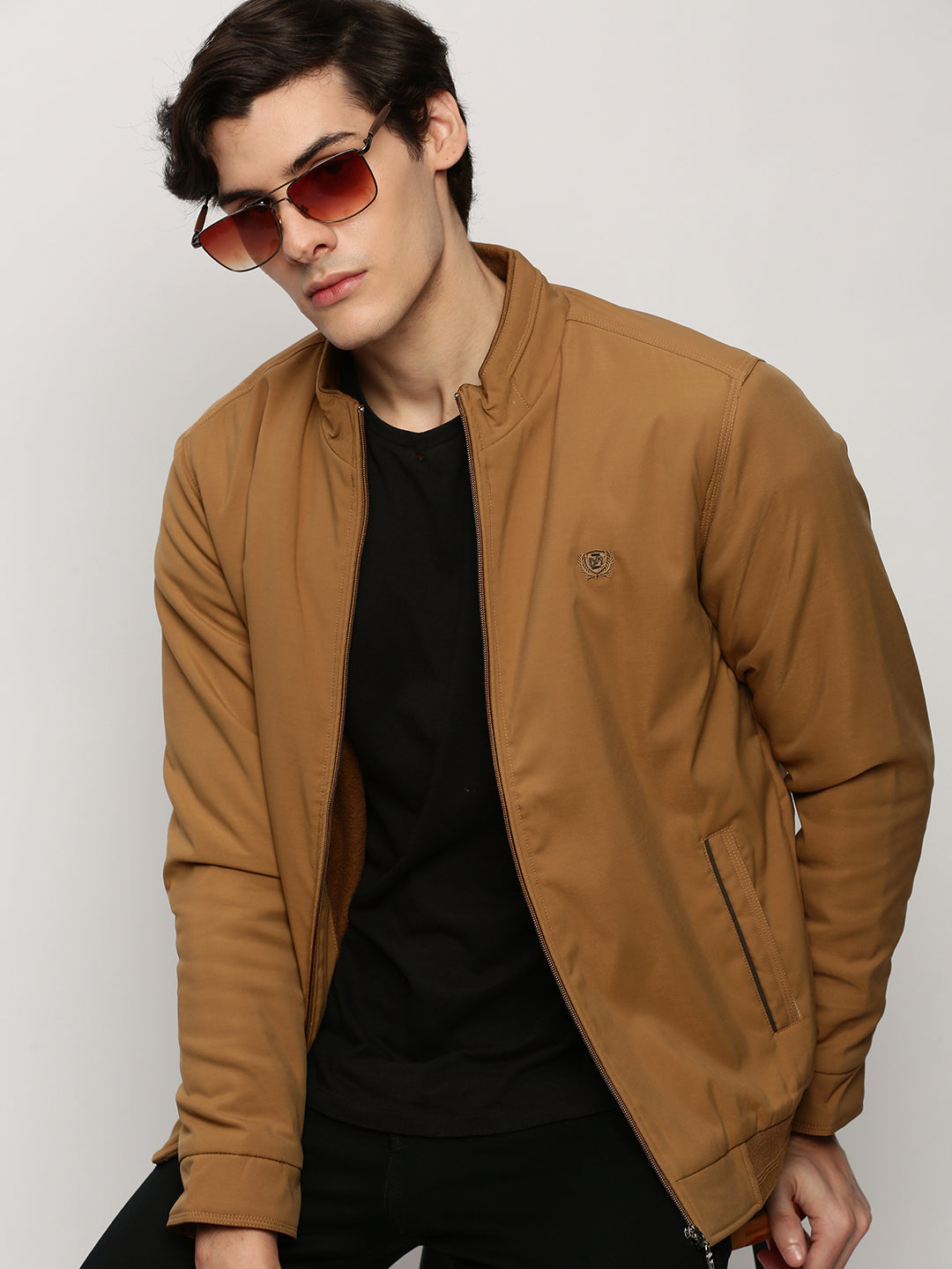 Men Khaki Solid Casual Bomber Jackets