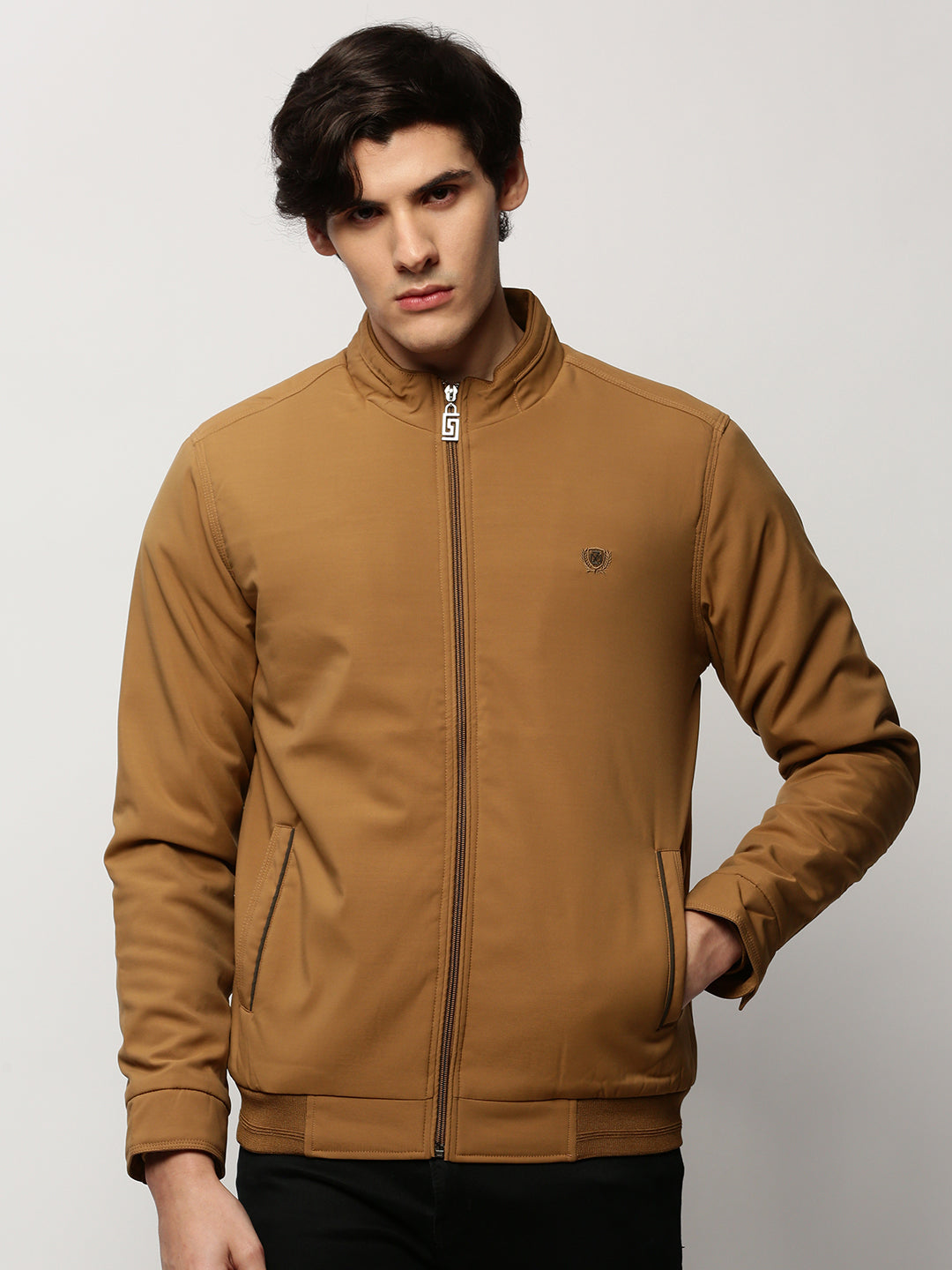 Men Khaki Solid Casual Bomber Jackets