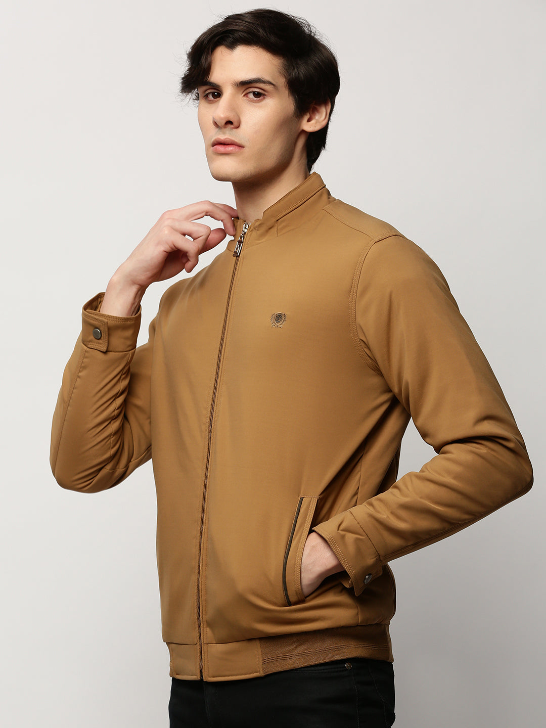 Men Khaki Solid Casual Bomber Jackets