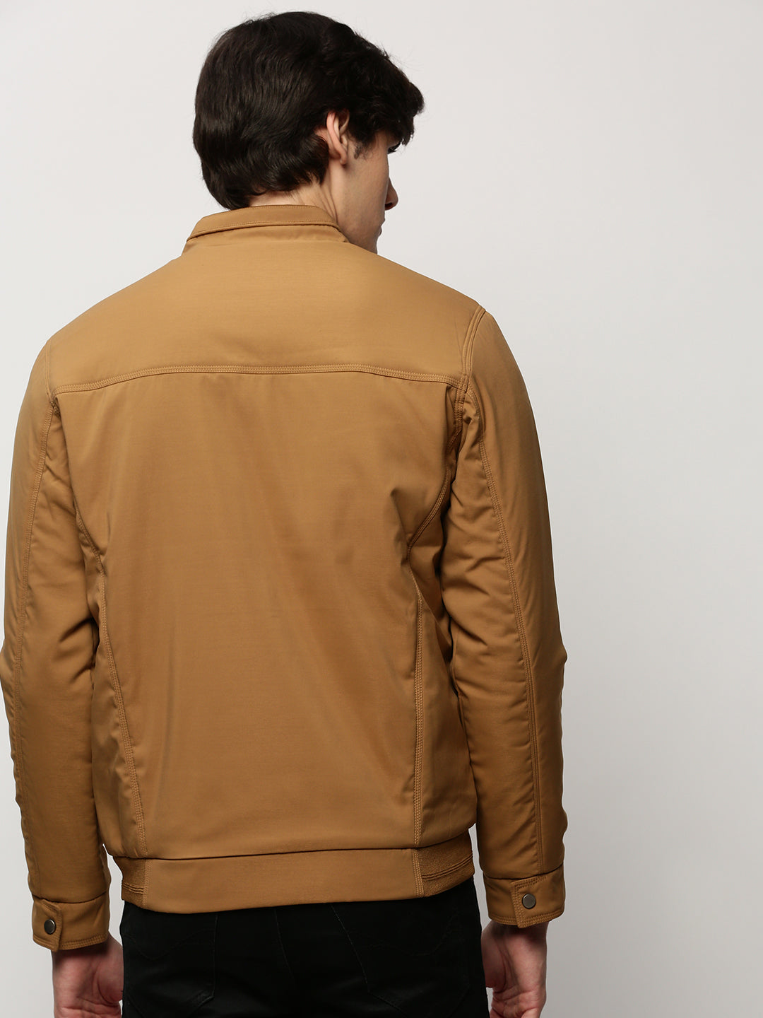 Men Khaki Solid Casual Bomber Jackets