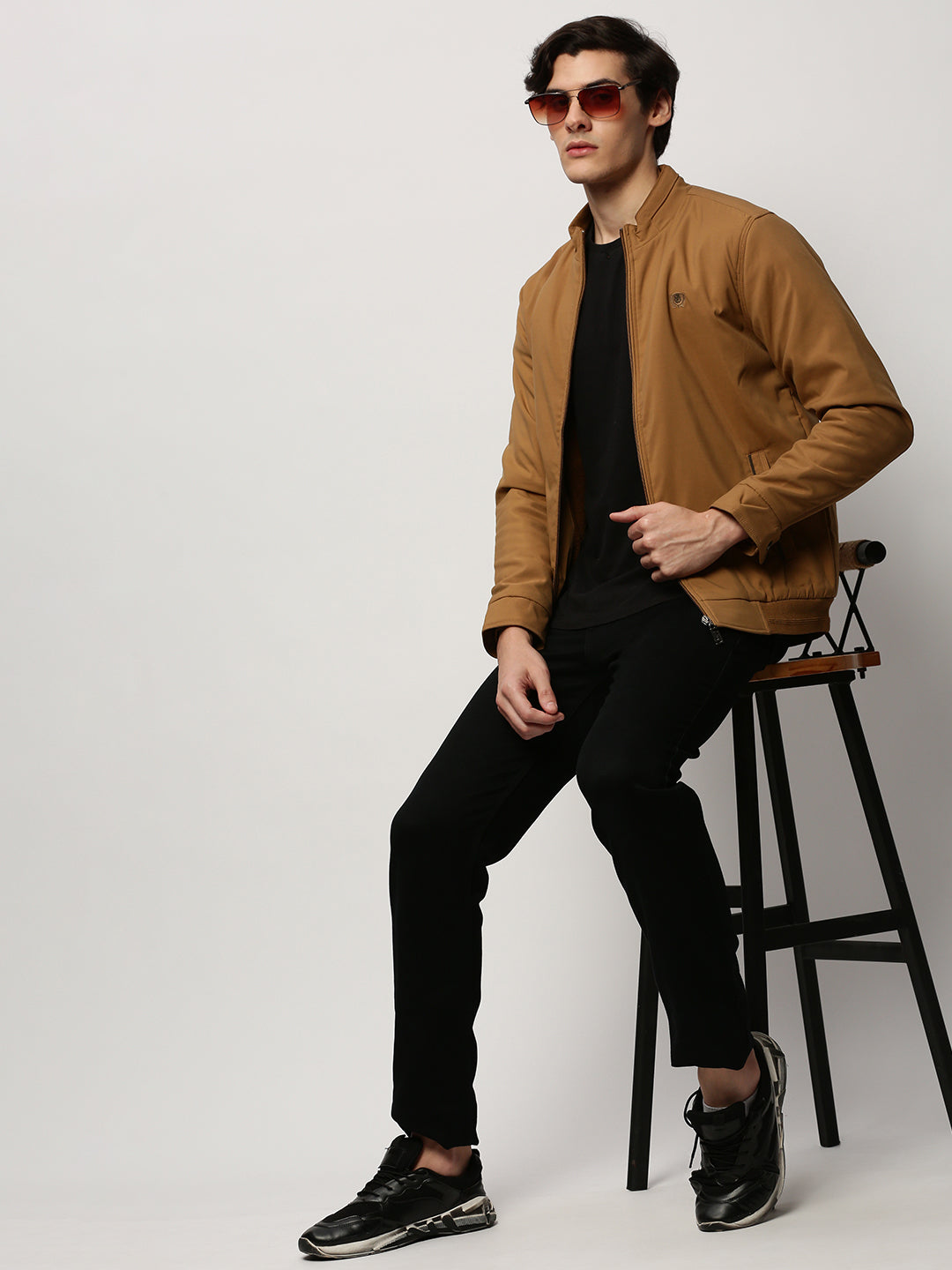 Men Khaki Solid Casual Bomber Jackets