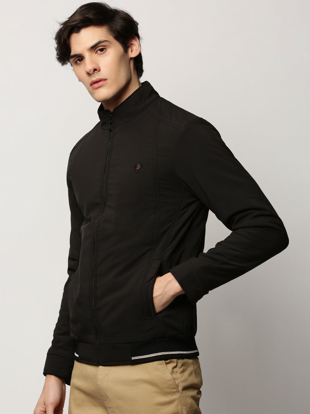 Men Black Solid Casual Bomber Jackets