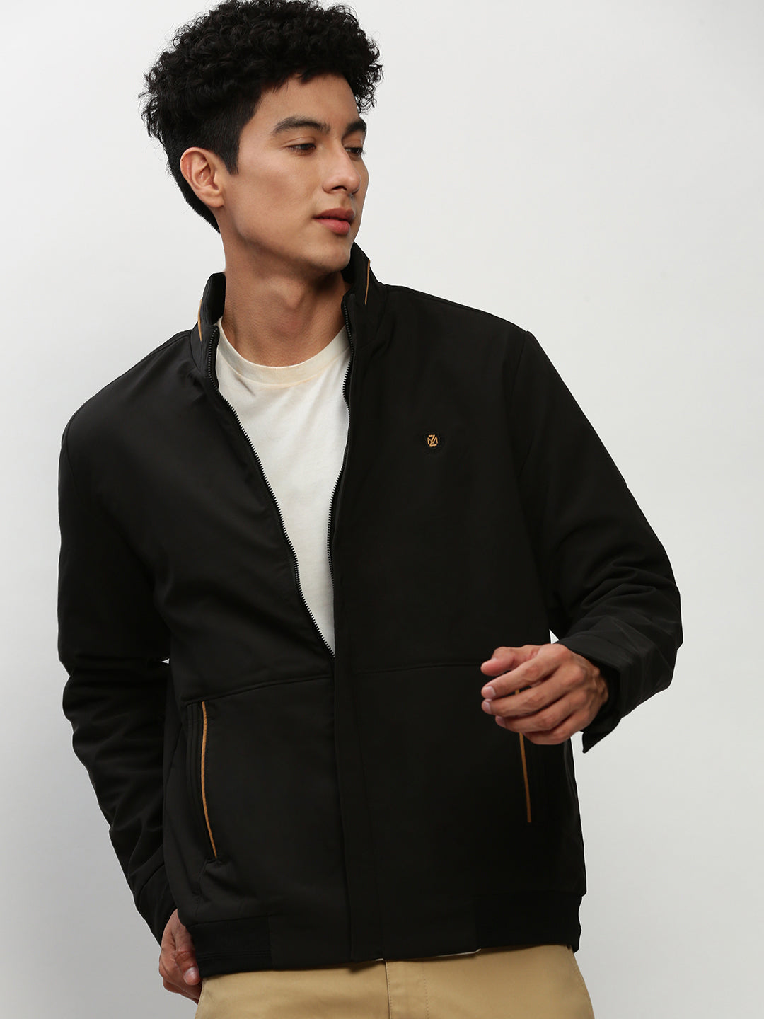 Men's Black Mock Collar Faux Leather Trim Bomber Jacket