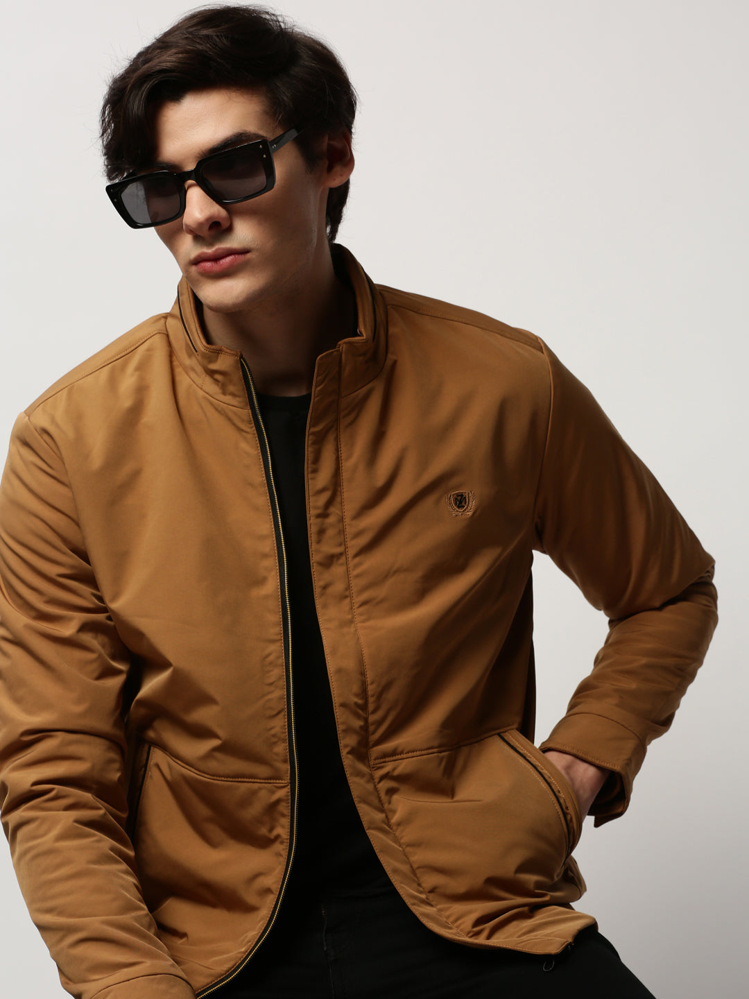 Men Brown Solid Casual Bomber Jackets