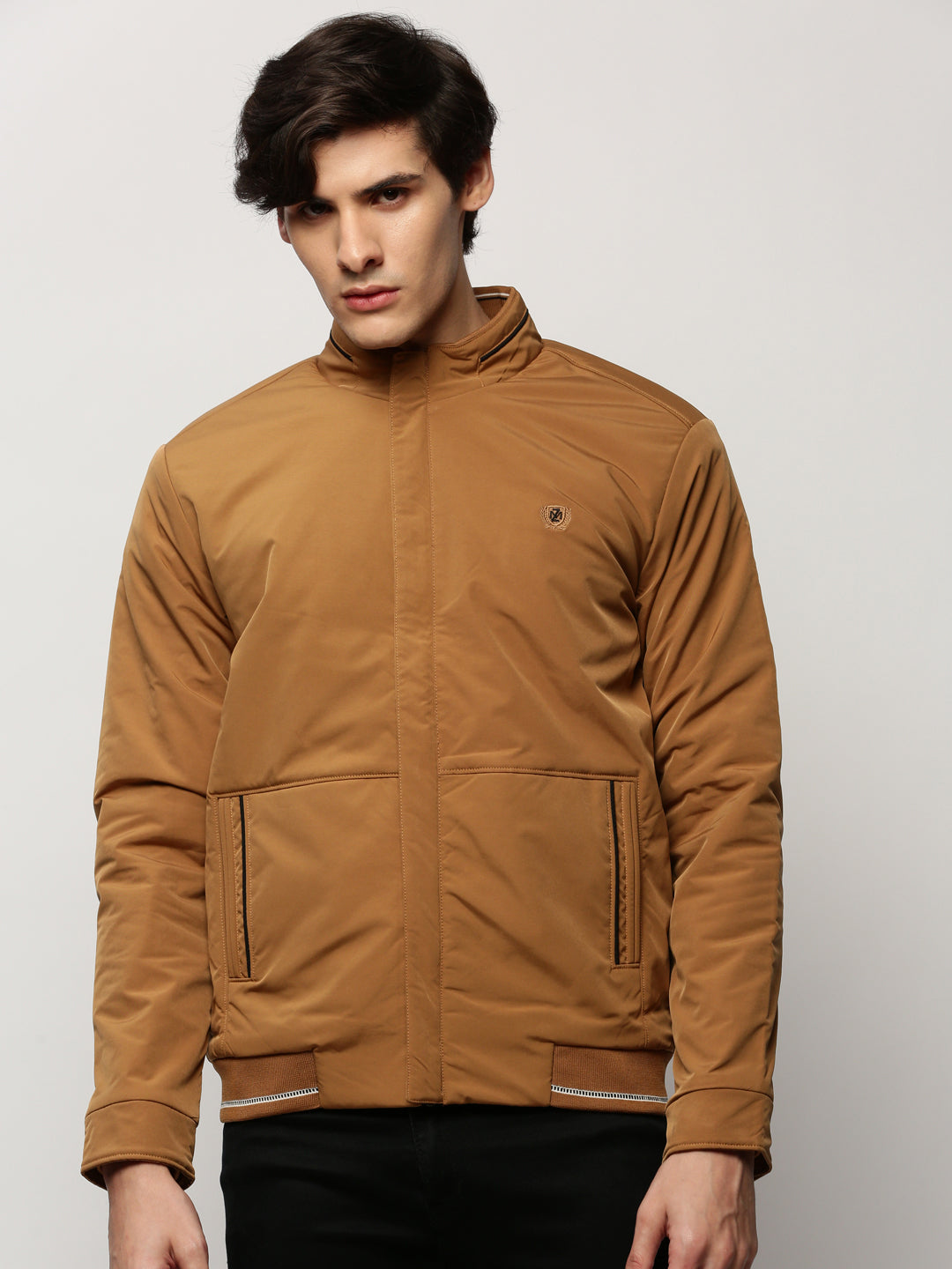 Men Brown Solid Casual Bomber Jackets