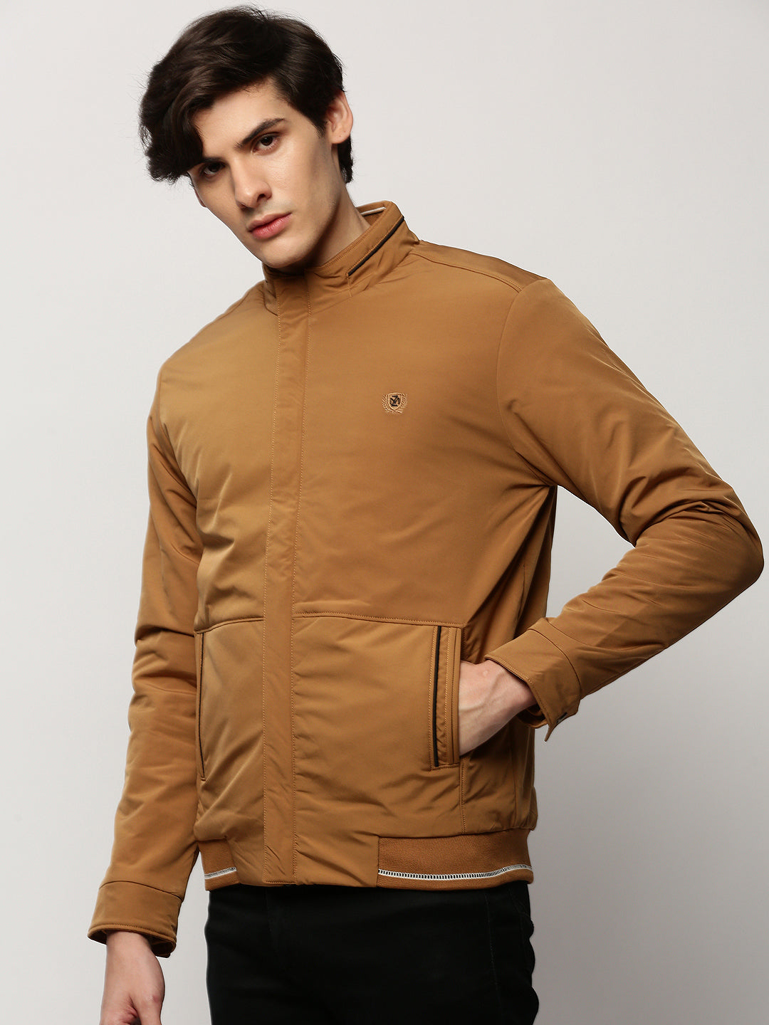 Men Brown Solid Casual Bomber Jackets