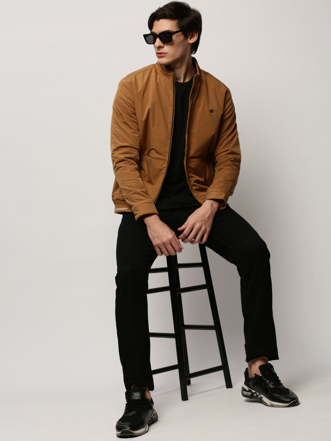 Men Brown Solid Casual Bomber Jackets