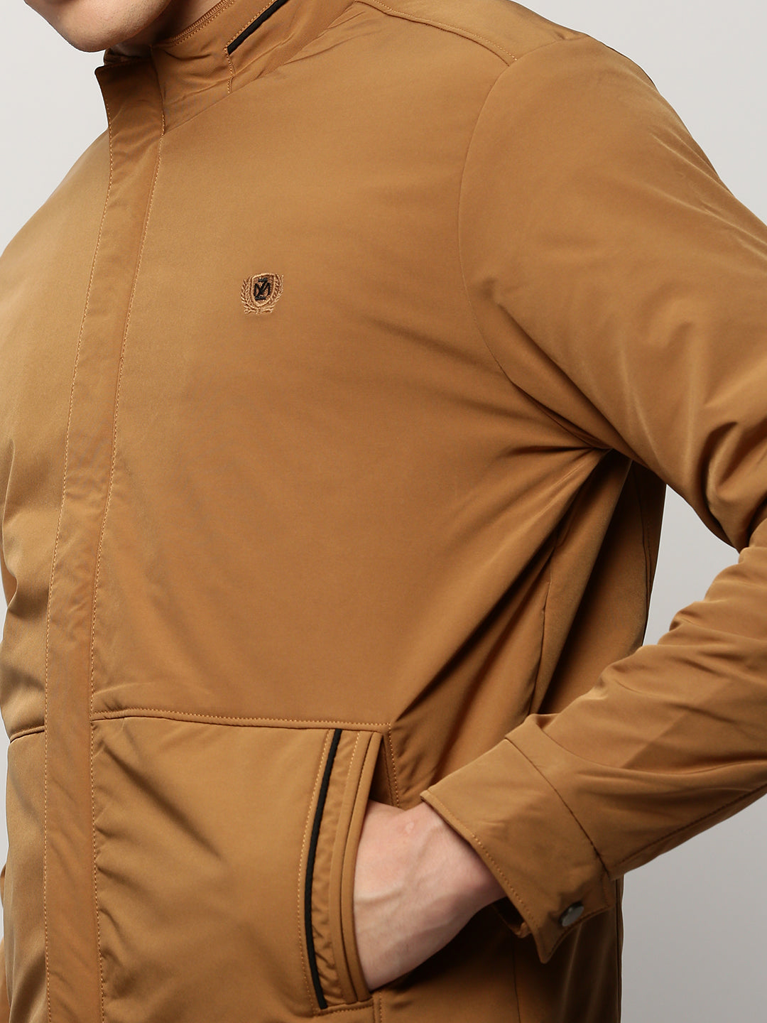 Men Brown Solid Casual Bomber Jackets