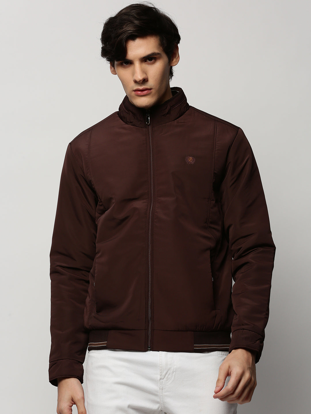 Men Brown Solid Casual Bomber Jackets