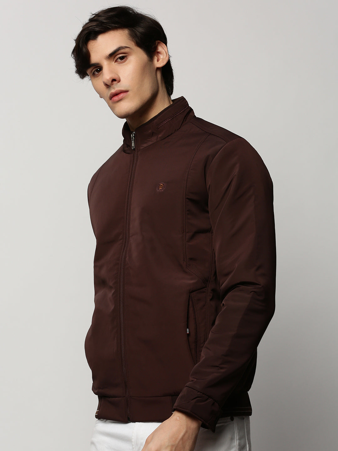 Men Brown Solid Casual Bomber Jackets